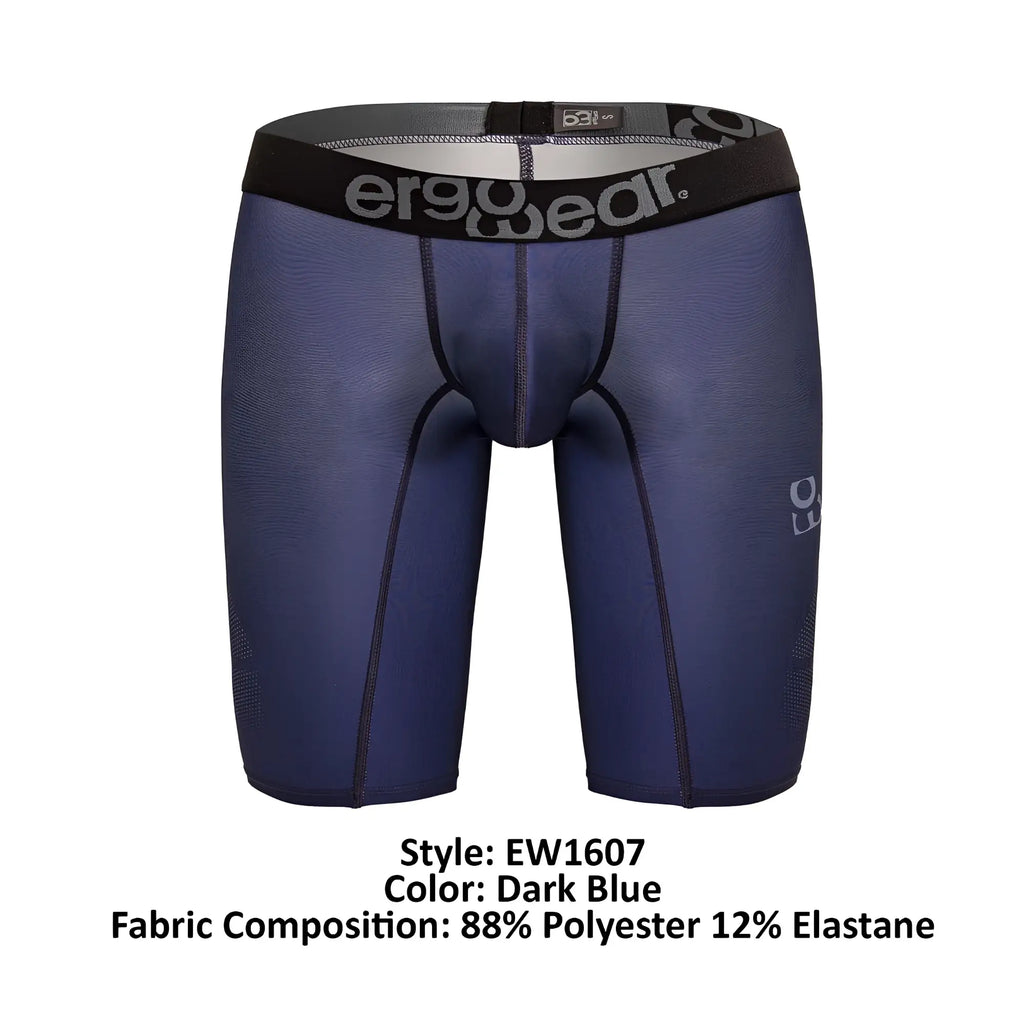 Dark blue ergonomic compression athletic shorts with black waistband featuring ergowear logo model ew1607 max se
