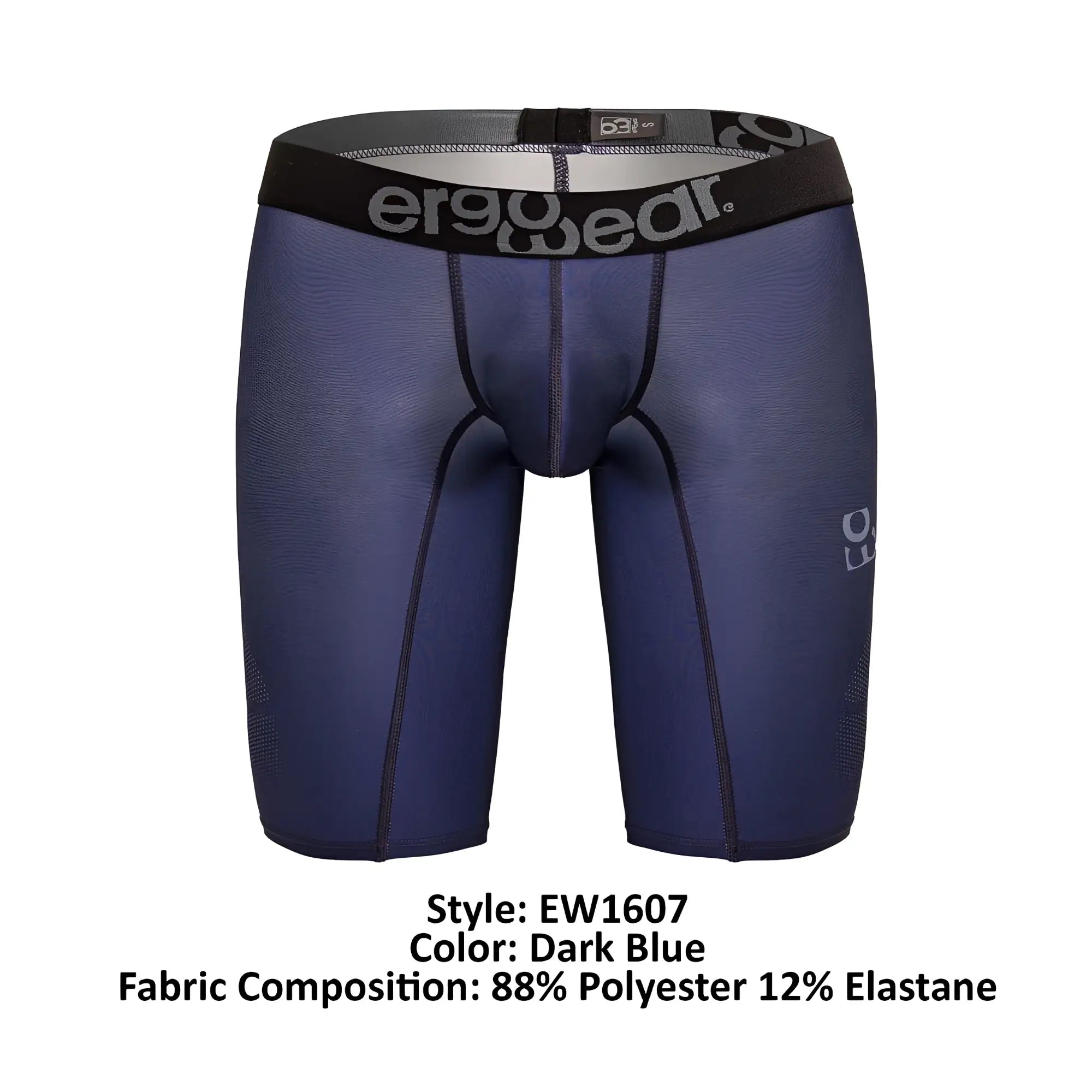 Dark blue ergonomic compression athletic shorts with black waistband featuring ergowear logo model ew1607 max se