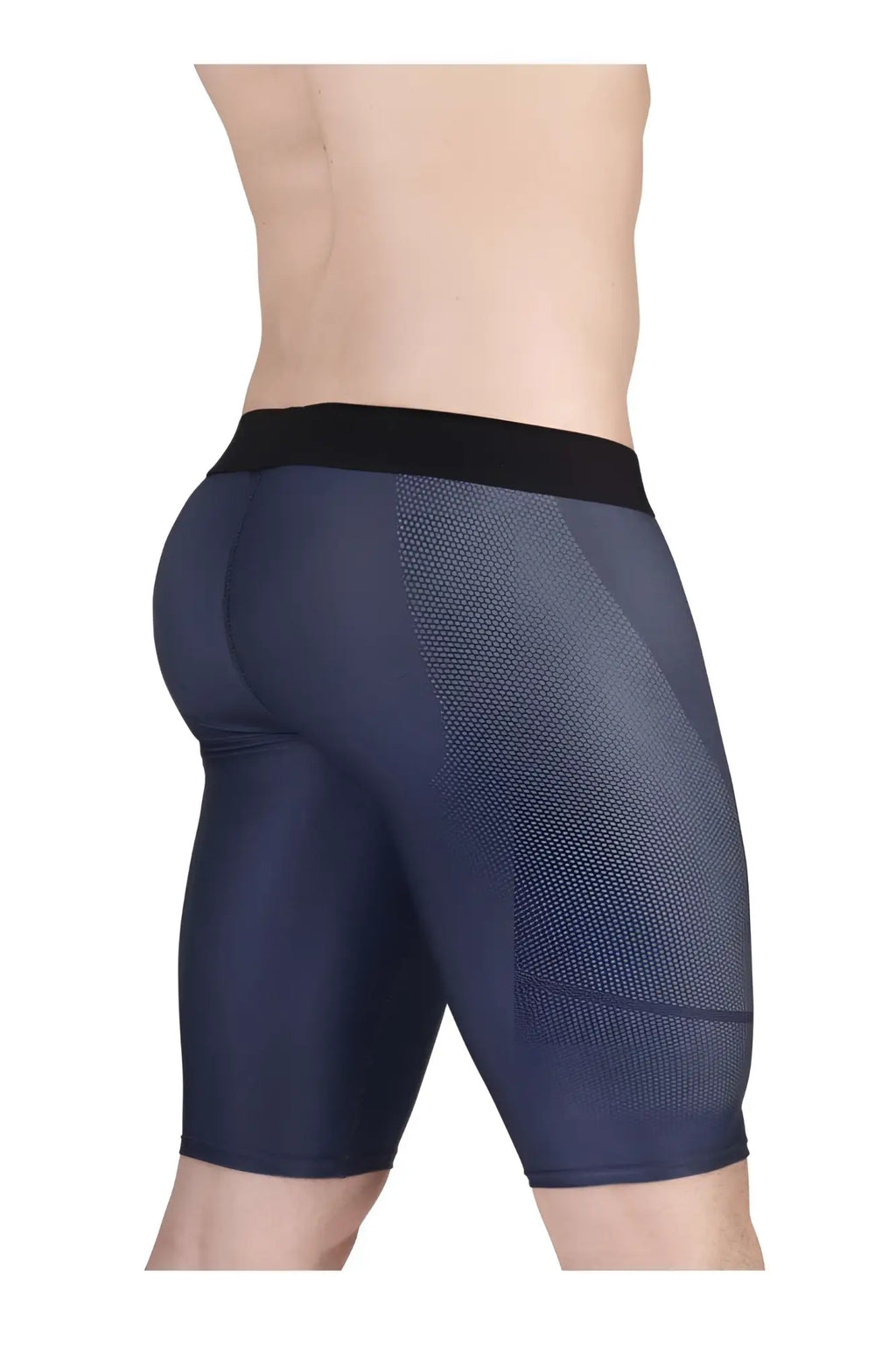 Dark navy blue ergo wear ew1607 max se athletic compression shorts with black elastic waistband and mesh side panels