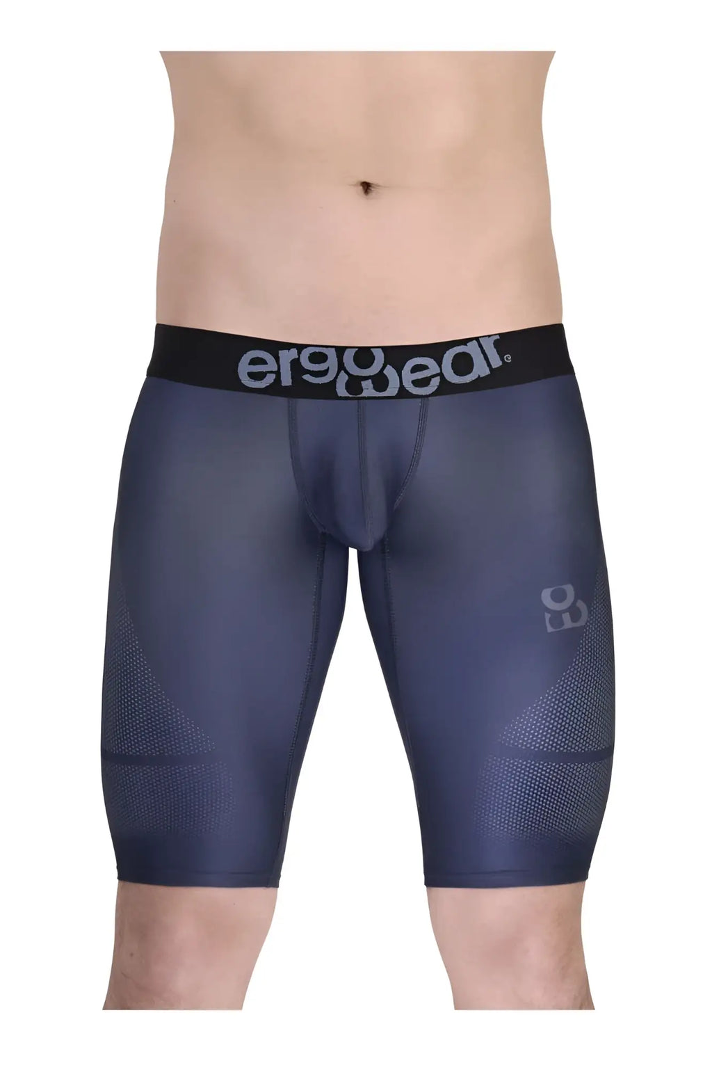 Navy blue ErgoWear EW1607 MAX SE ergonomic compression shorts with black waistband and gray patterned accents