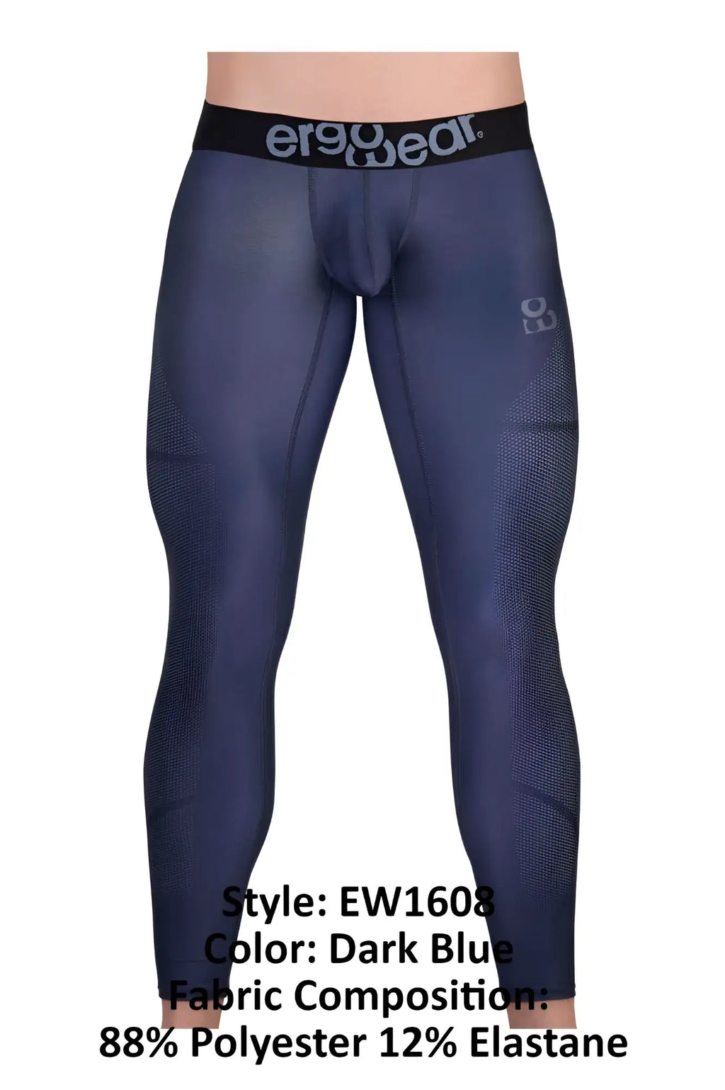 Dark blue ergonomic compression leggings with black ergo wear waistband and subtle mesh texture on the sides