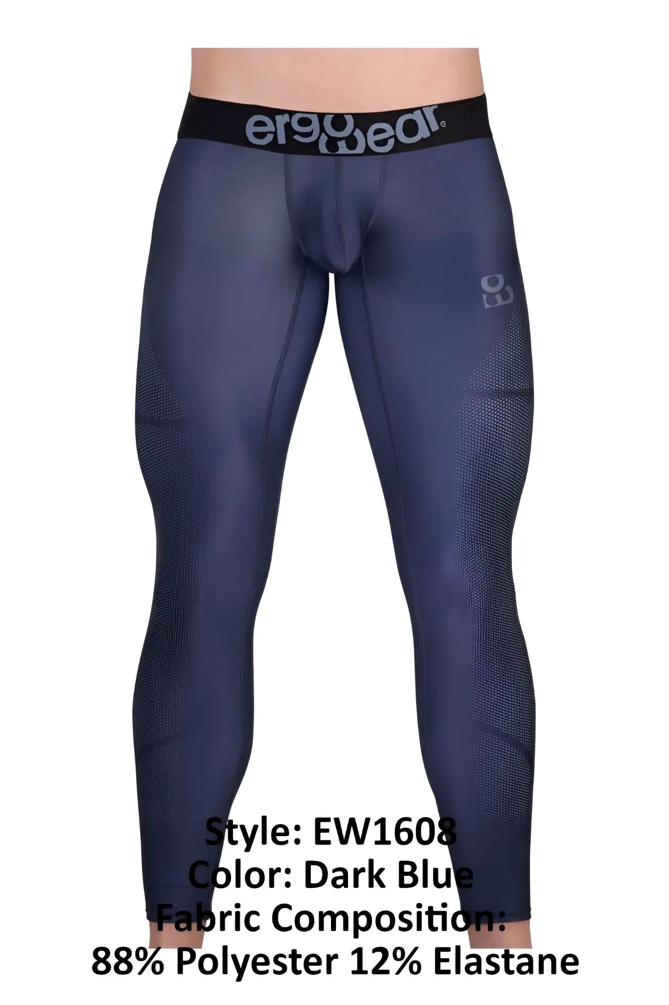Dark blue ergonomic compression leggings with black ergo wear waistband and subtle mesh texture on the sides