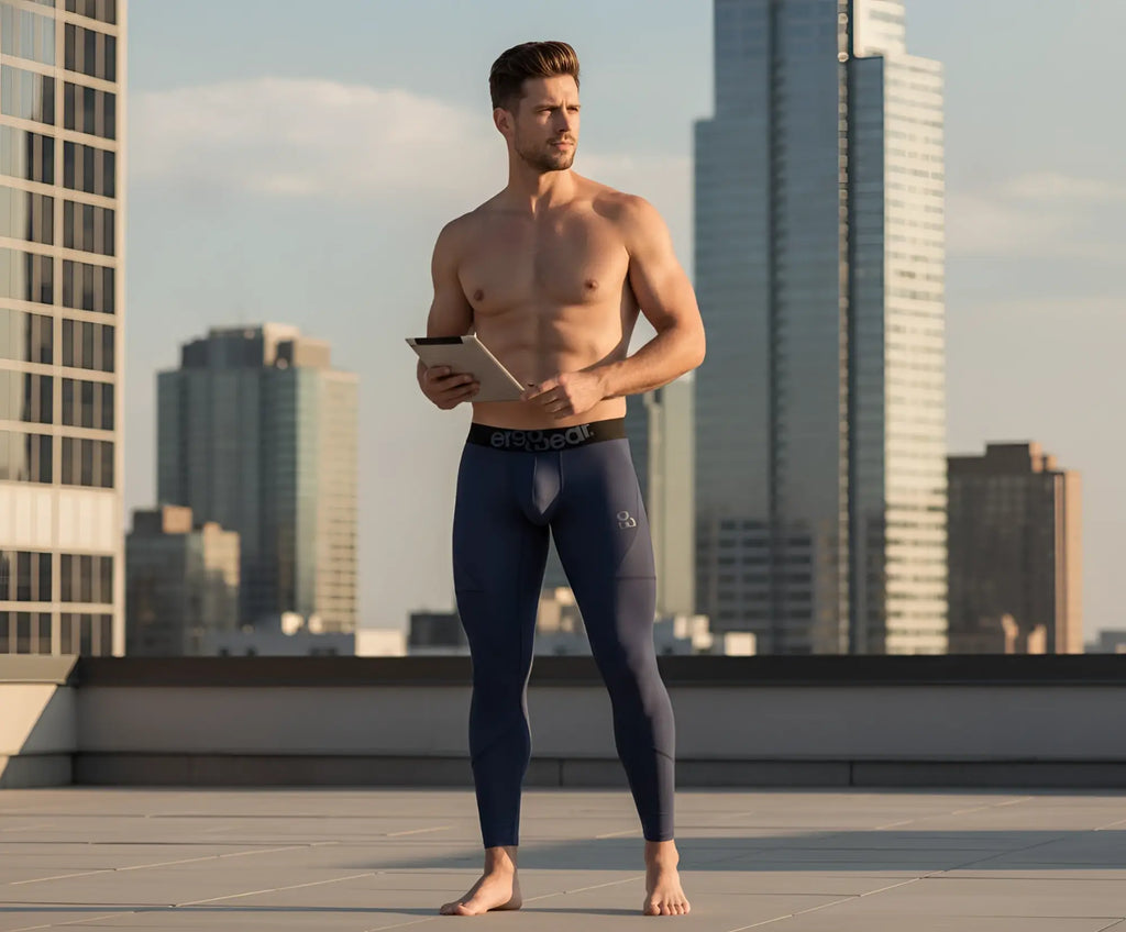 Navy blue ergoWear ew1608 max se athletic compression leggings with black waistband and subtle textured pattern