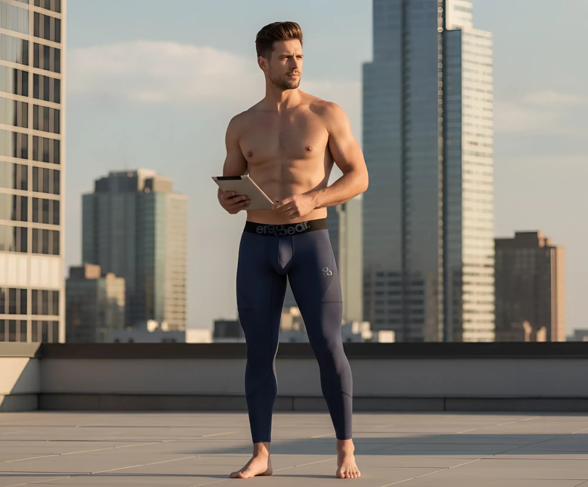 Navy blue ergoWear ew1608 max se athletic compression leggings with black waistband and subtle textured pattern