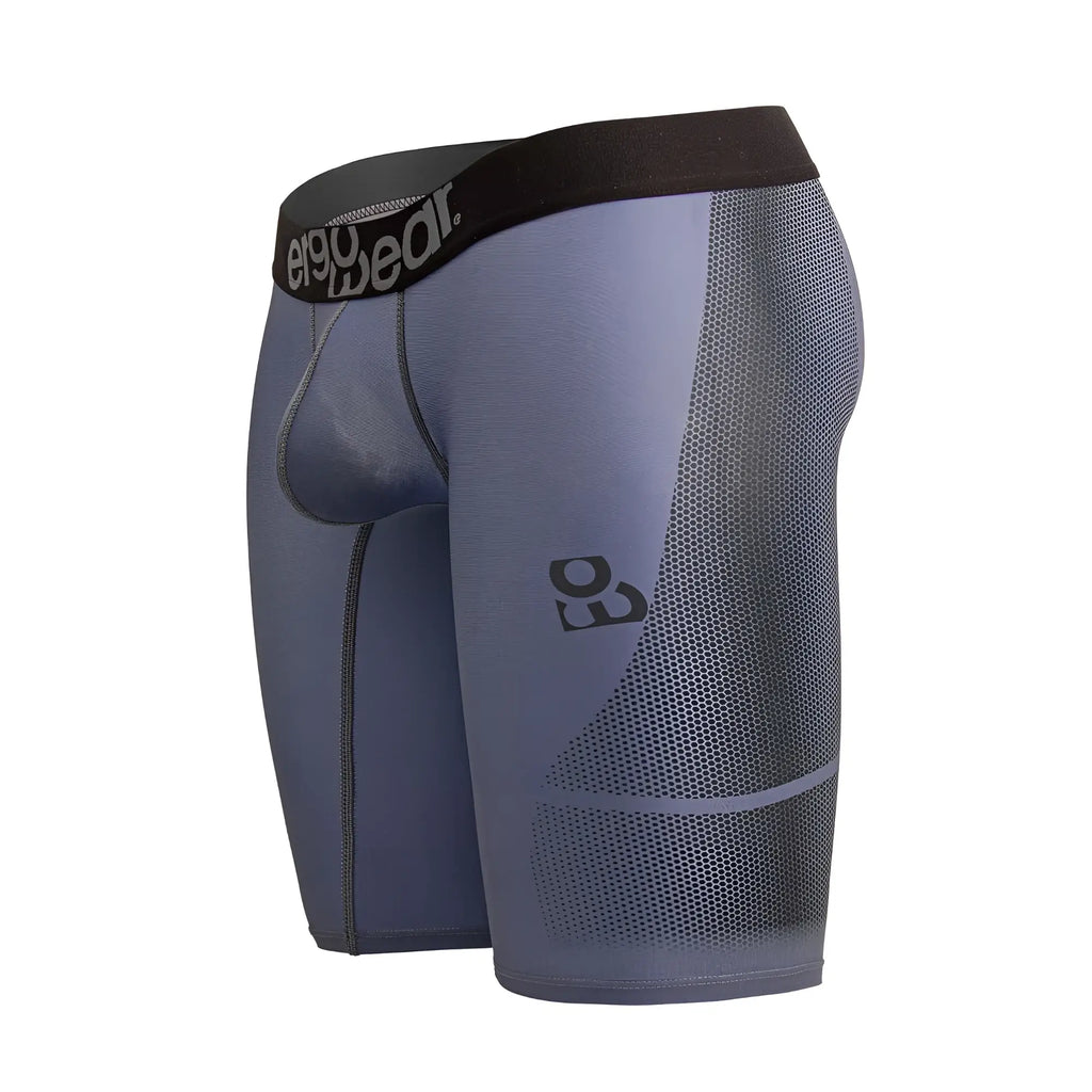 Gray and black ergoWear ew1609 max se athletic compression shorts with mesh panel and e90 wear logo on waistband