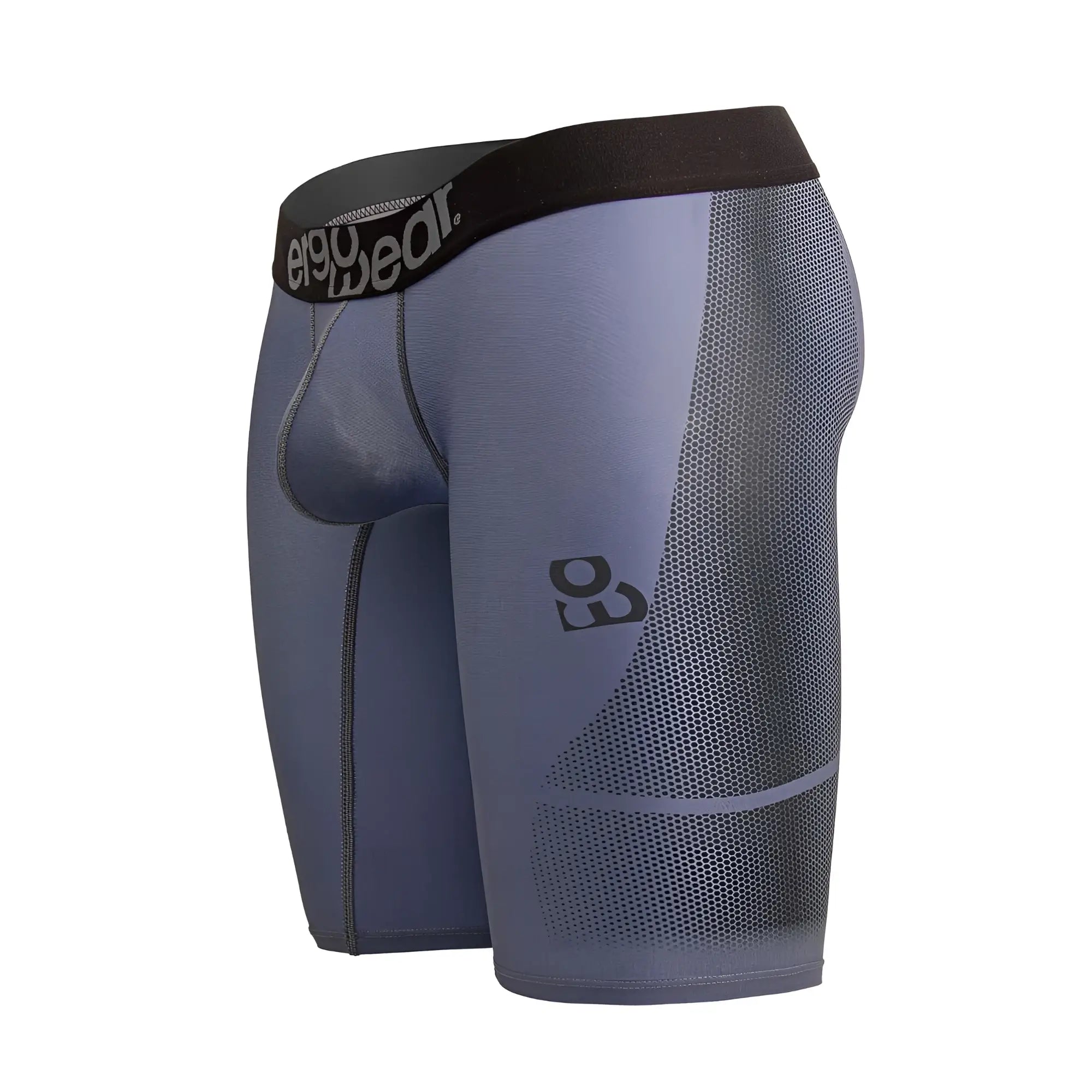 Gray and black ergoWear ew1609 max se athletic compression shorts with mesh panel and e90 wear logo on waistband