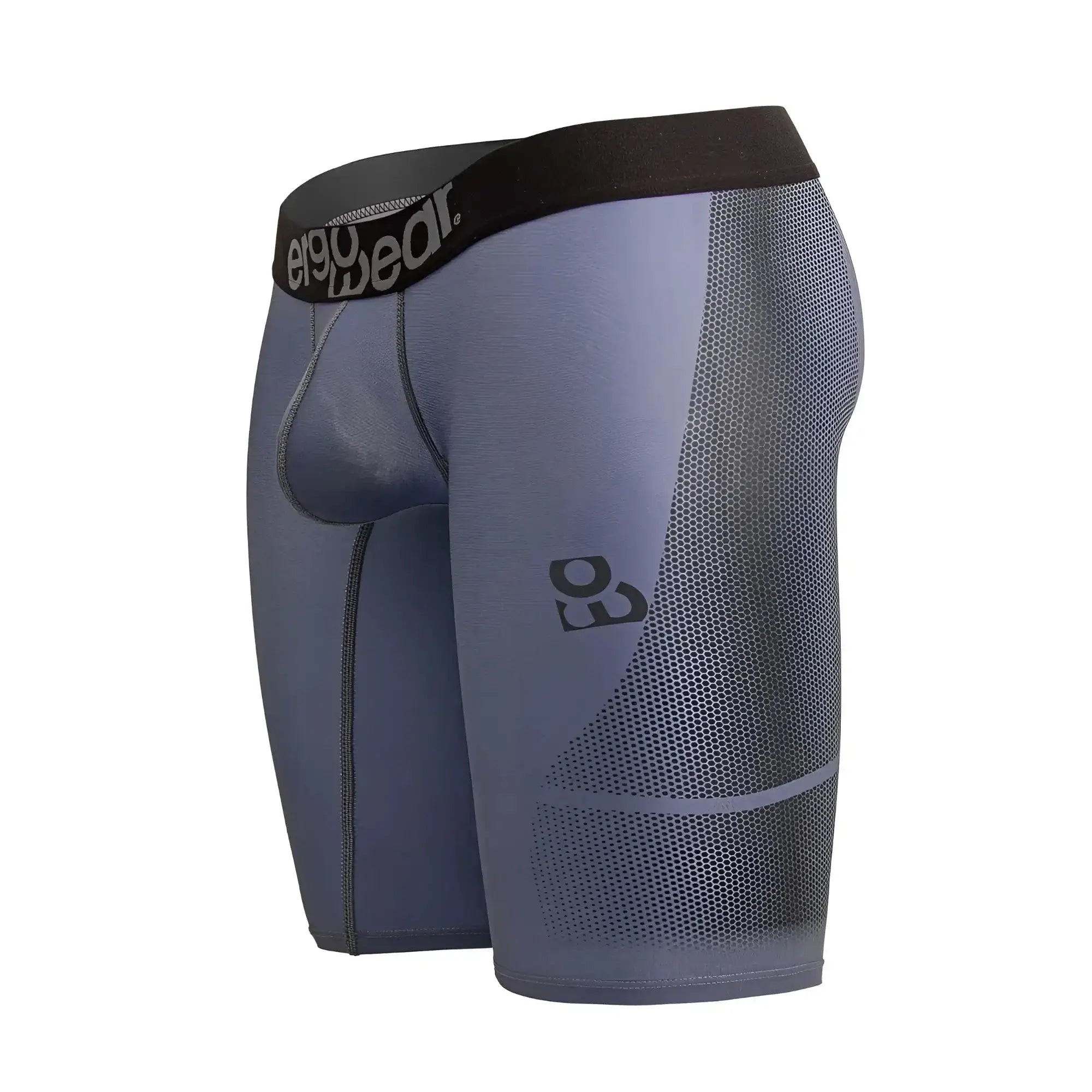 Gray and black ergoWear ew1609 max se athletic compression shorts with mesh panel and e90 wear logo on waistband