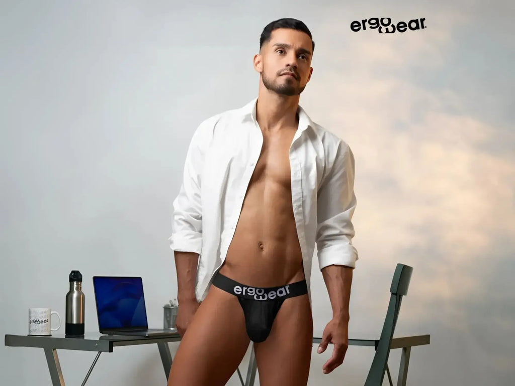 Black ergo wear ergonomic briefs with white branding designed for maximum flow comfort g-string underwear