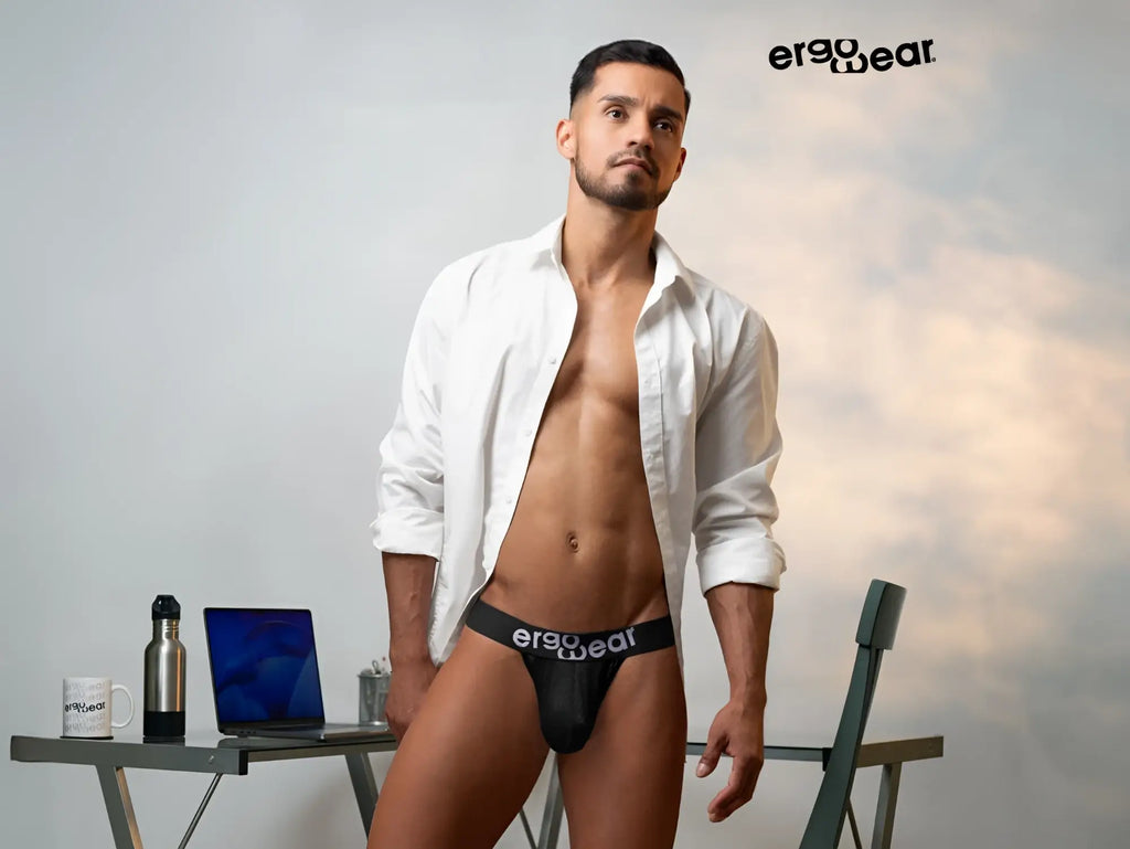 Black ergo wear ergonomic briefs with white branding designed for maximum flow comfort g-string underwear