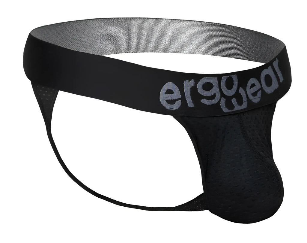 Black ergo wear ew1687 max flow g-string briefs with gray logo waistband and breathable perforated mesh fabric