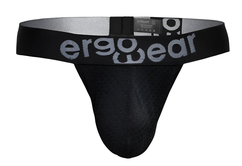 Black ergonomic briefs ErgoWear EW1687 MAX FLOW G-String with gray perforated mesh front and silver logo waistband