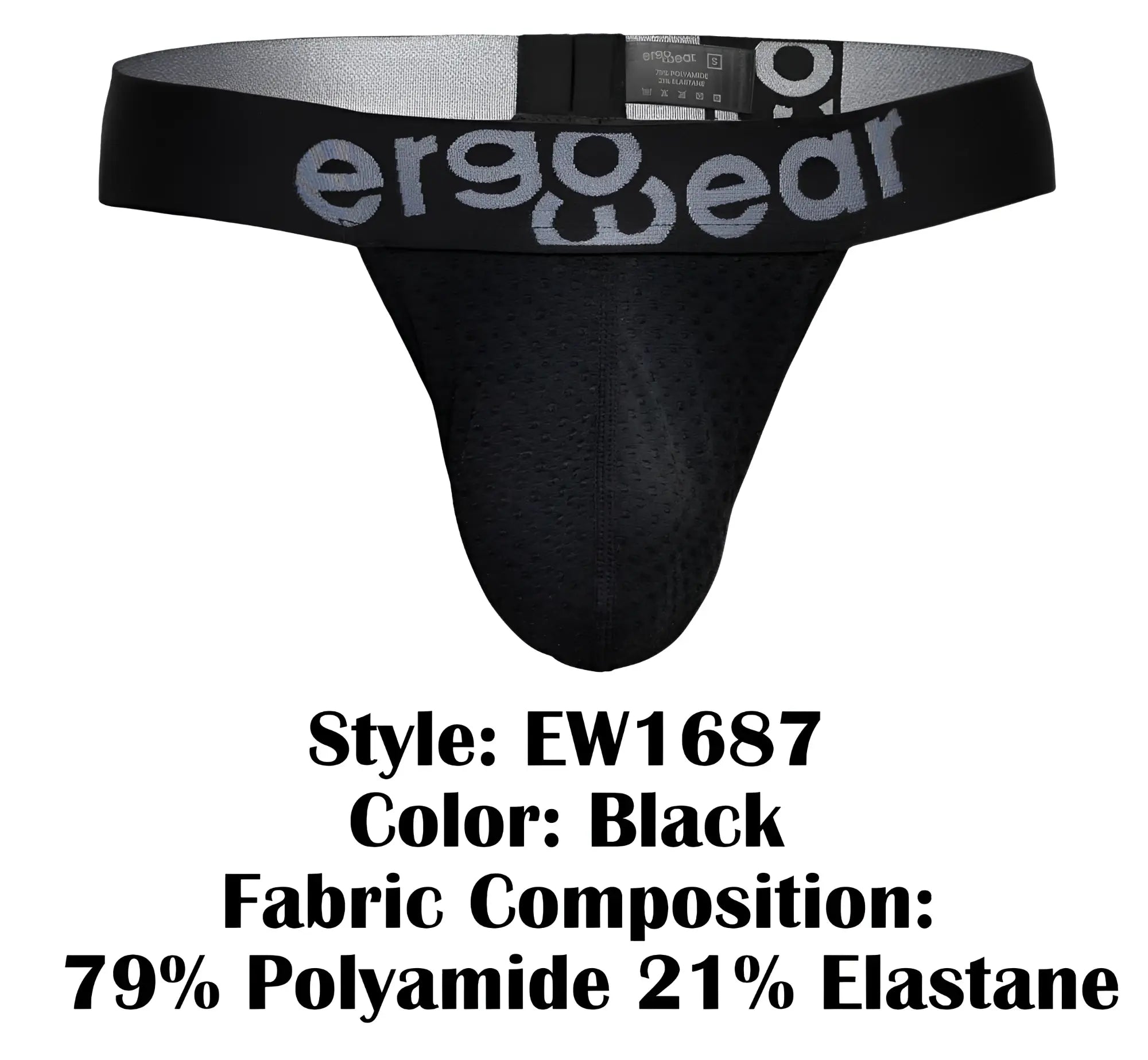 Black ergonomic thong g-string with gray ergo wear logo waistband made of 79 polyamide 21 elastane for comfort