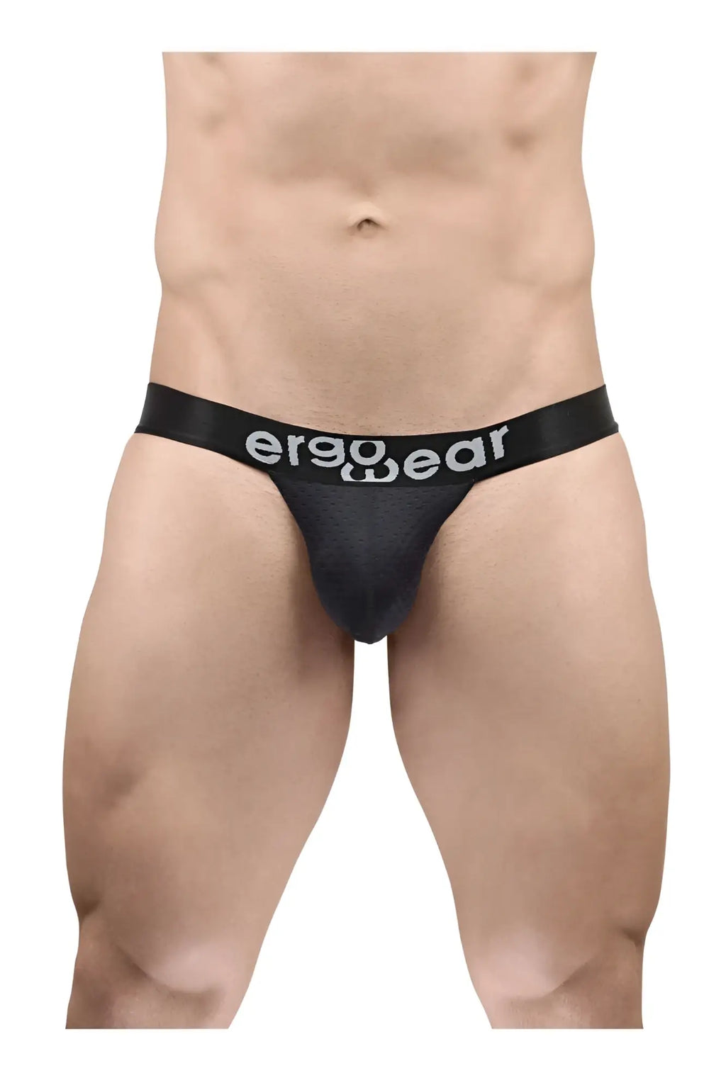 Black ergonomic g-string briefs with white ergo wear logo on waistband for maximum flow comfort and support