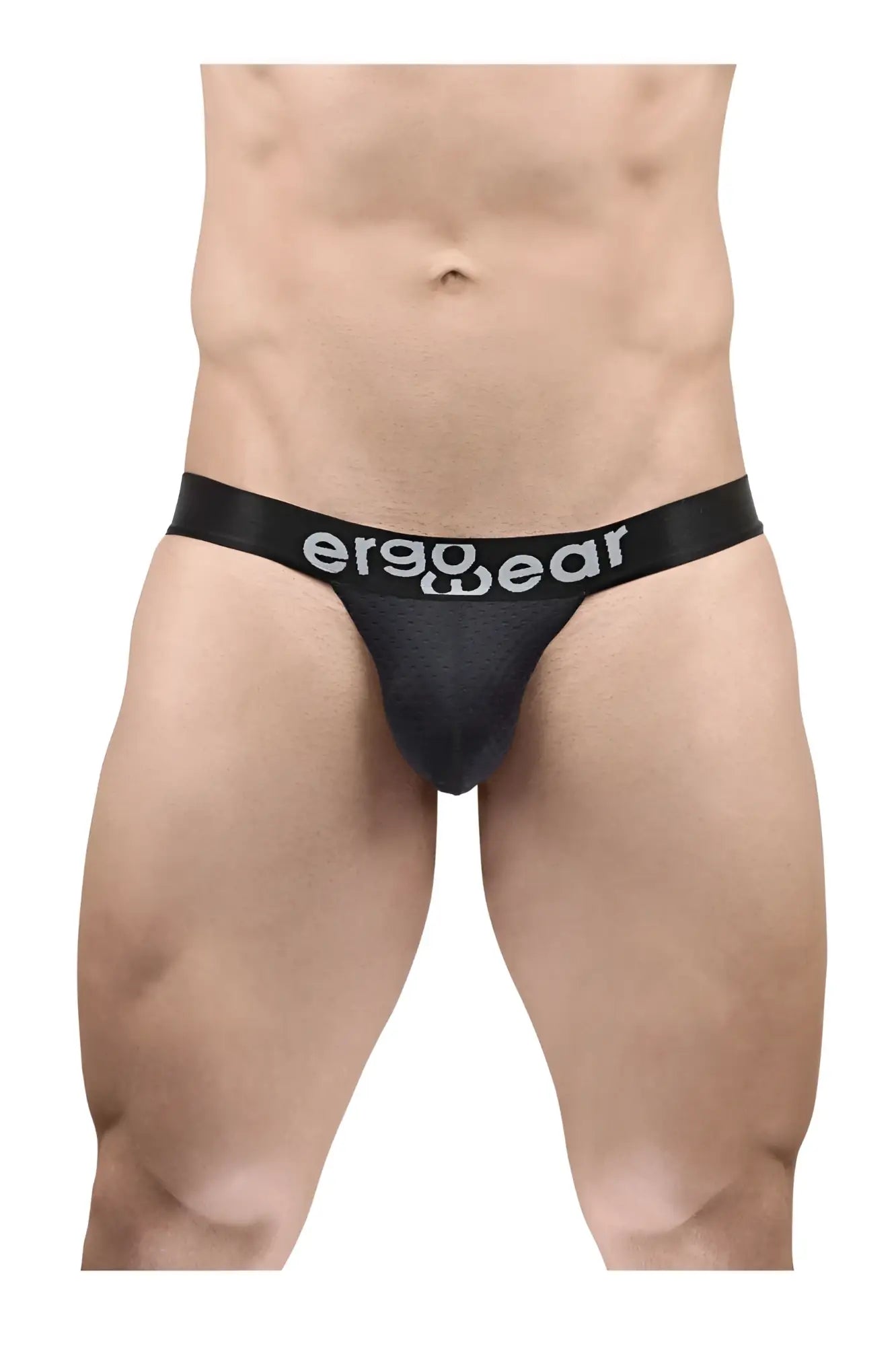 Black ergonomic g-string briefs with white ergo wear logo on waistband for maximum flow comfort and support