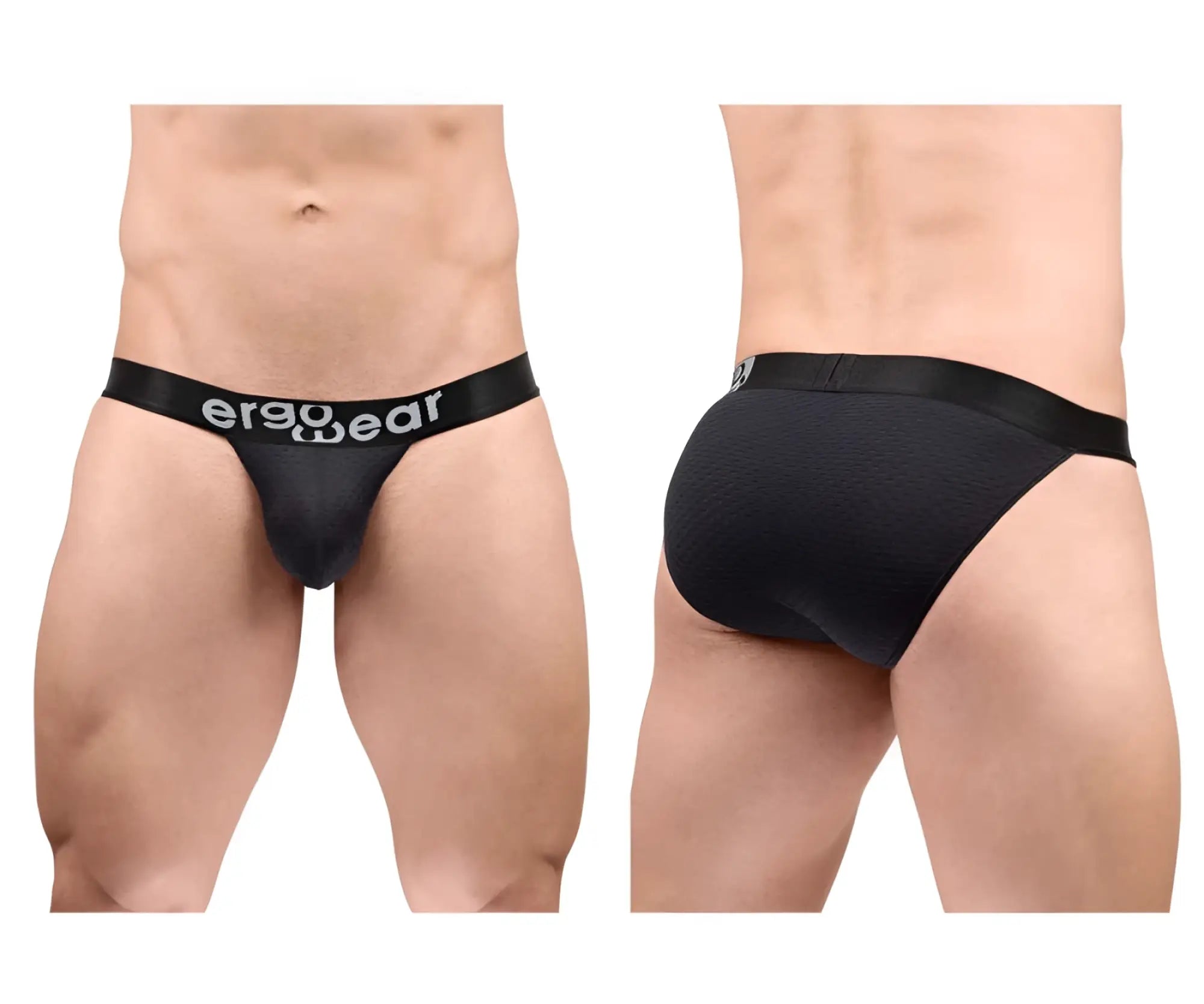Black ergonomic briefs with sleek form-fitting design and ergo wear logo on waistband in ergo wear ew1688 max flow bikini black
