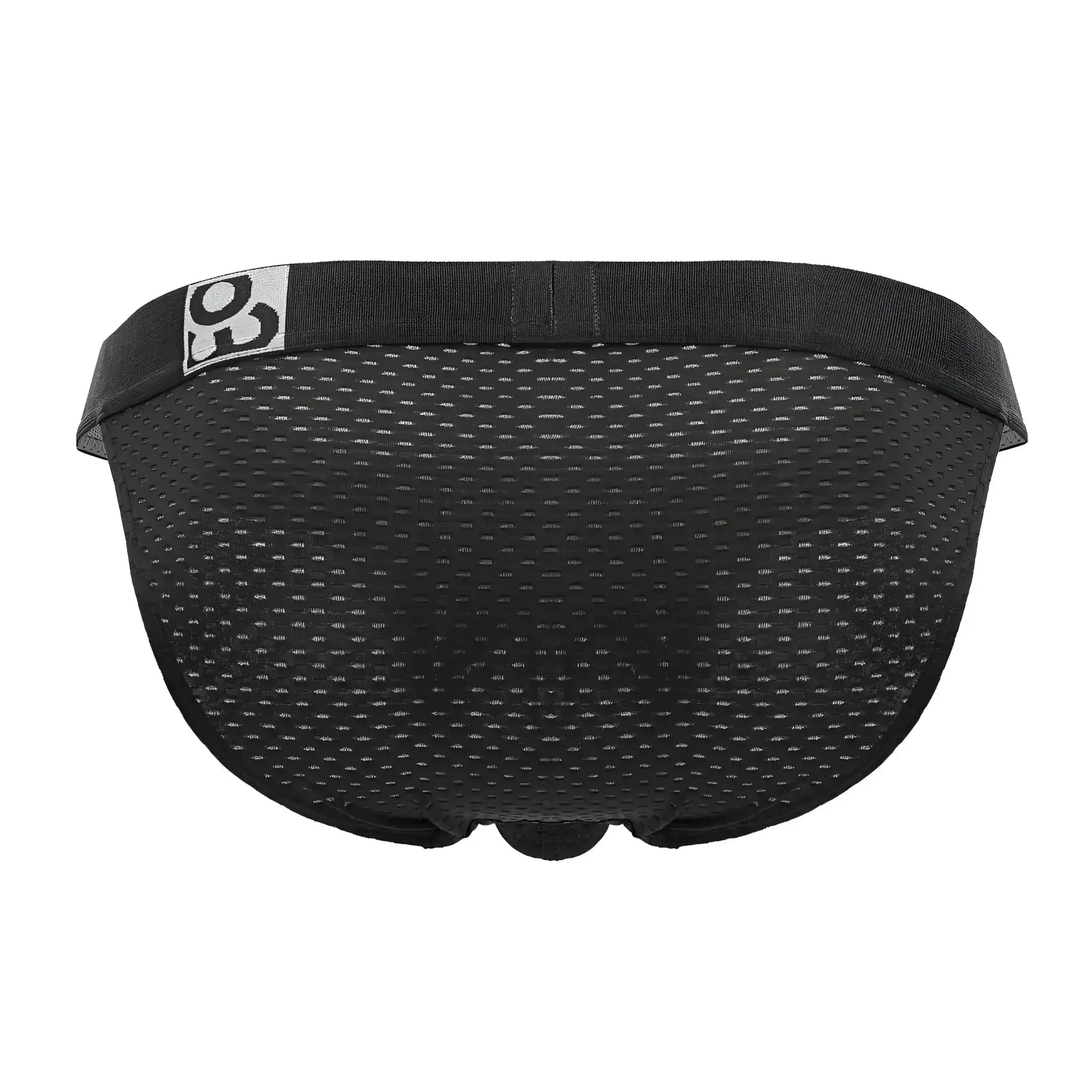 Black mesh briefs with solid elastic waistband and white logo patch from ergowear ew1688 max flow bikini in black