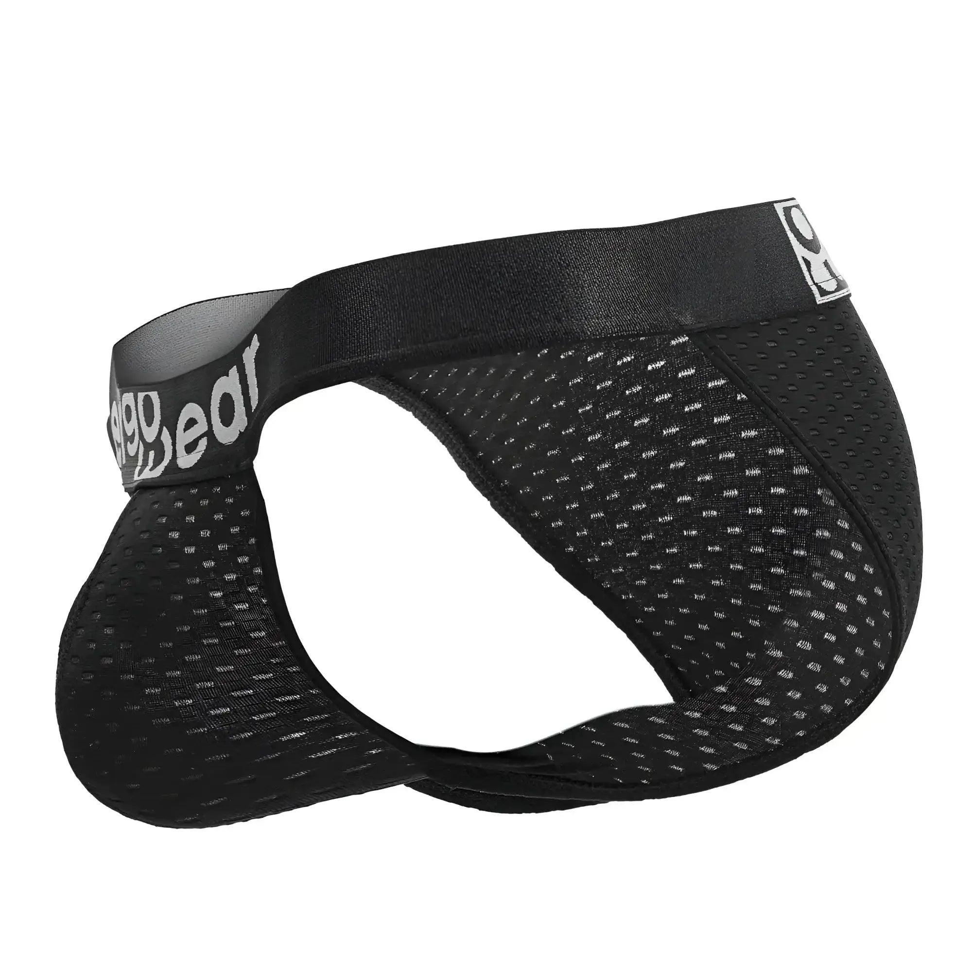 Black mesh briefs with a supportive elastic waistband featuring the cage gear logo white lettering ergo wear