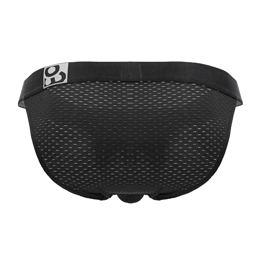 Black mesh briefs with solid elastic waistband and white logo patch from ergowear ew1688 max flow bikini in black