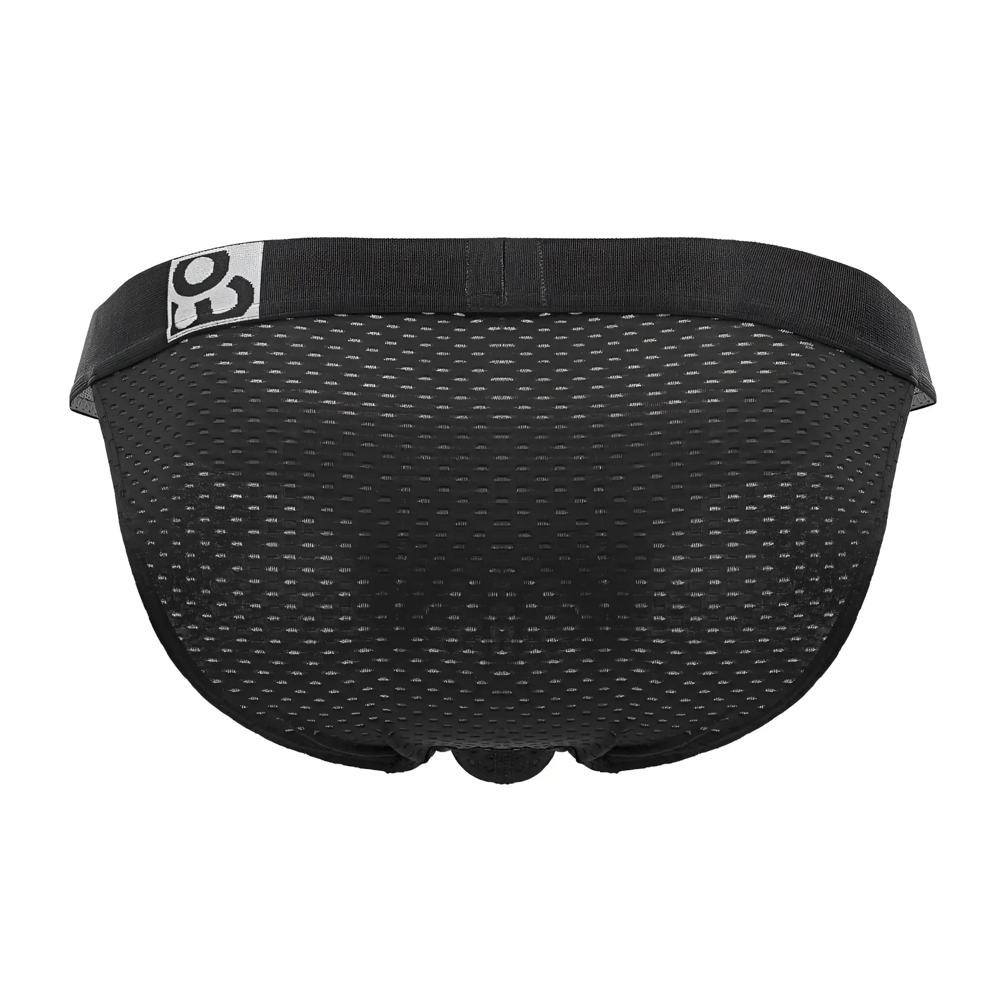 Black mesh briefs with solid elastic waistband and white logo patch from ergowear ew1688 max flow bikini in black