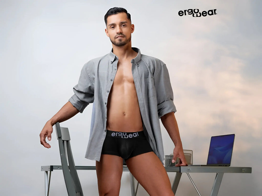 Black ergonomic briefs with ergo wear waistband branding designed for maximum airflow and comfort in trunks style