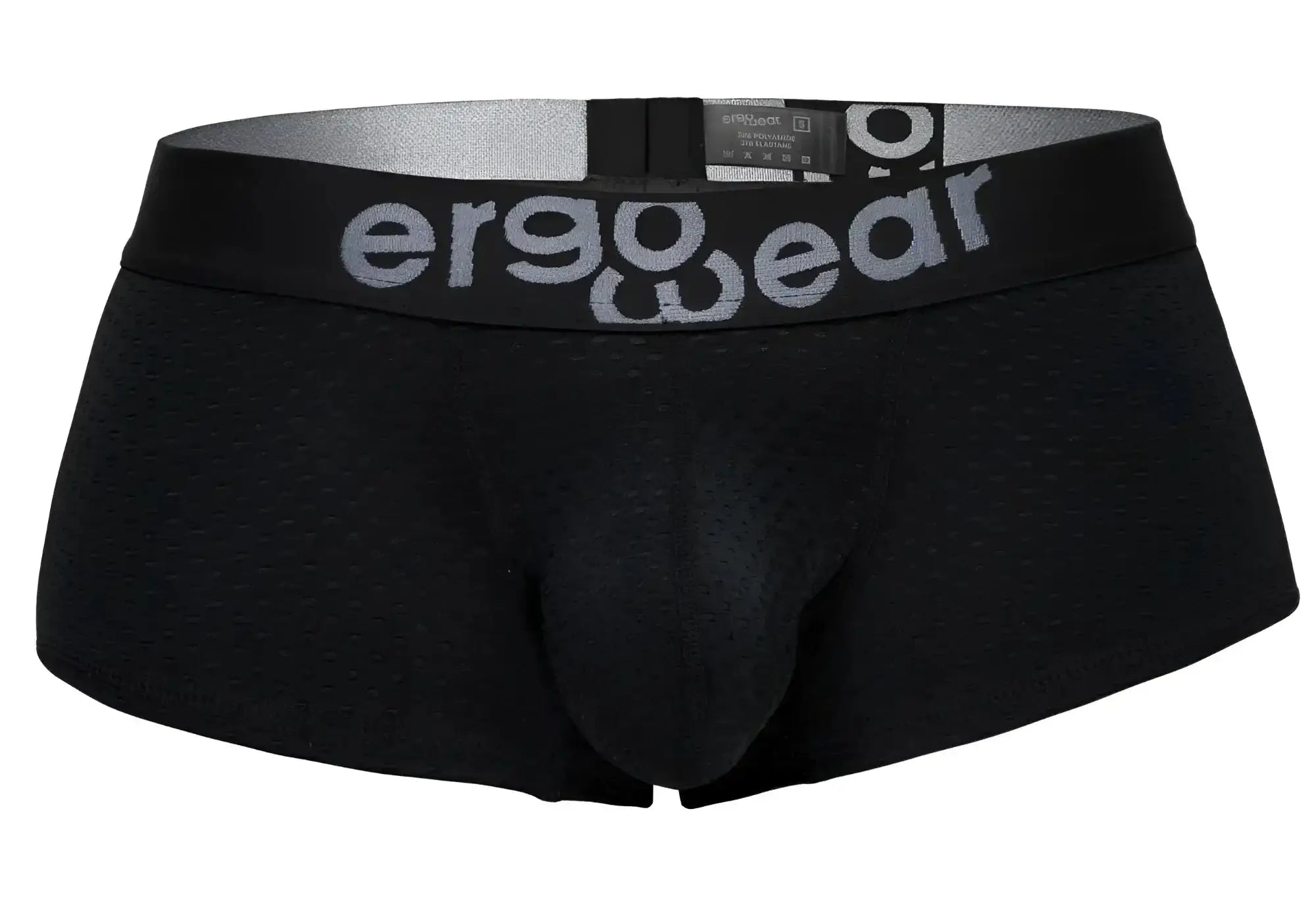 Black ergonomic ErgoWear EW1689 MAX FLOW trunks with textured mesh fabric and silver logo on the waistband