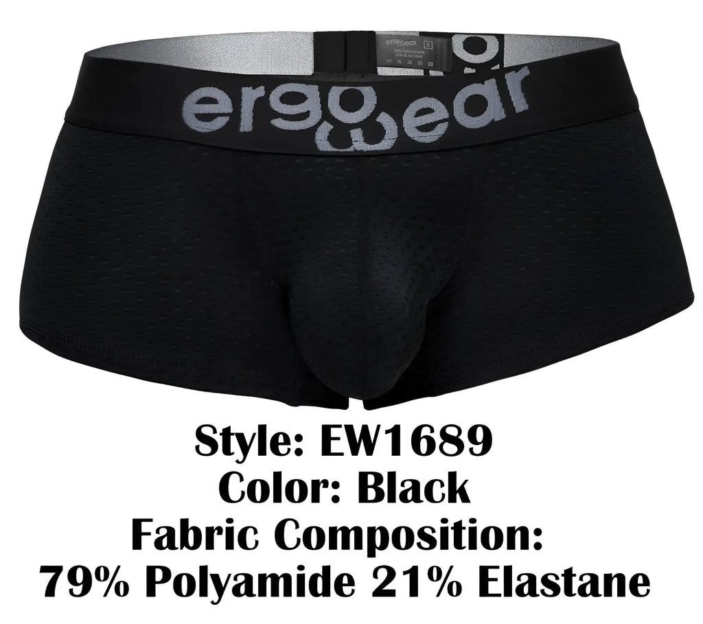 Black ergo wear ew1689 max flow trunks with ergonomic briefs and perforated mesh texture on the waistband