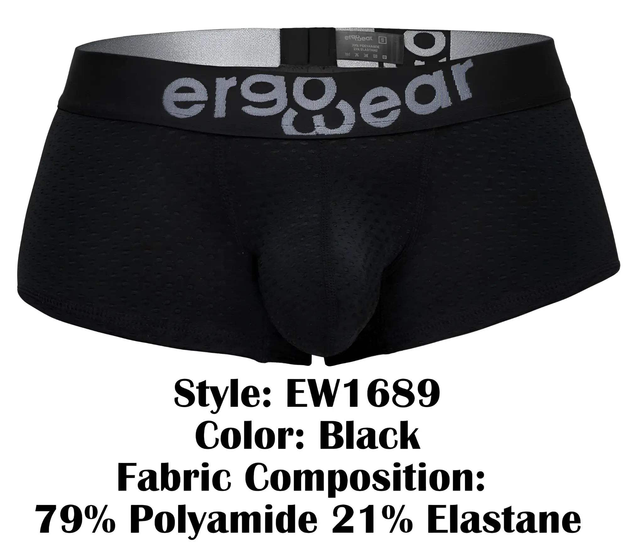 Black ergo wear ew1689 max flow trunks with ergonomic briefs and perforated mesh texture on the waistband