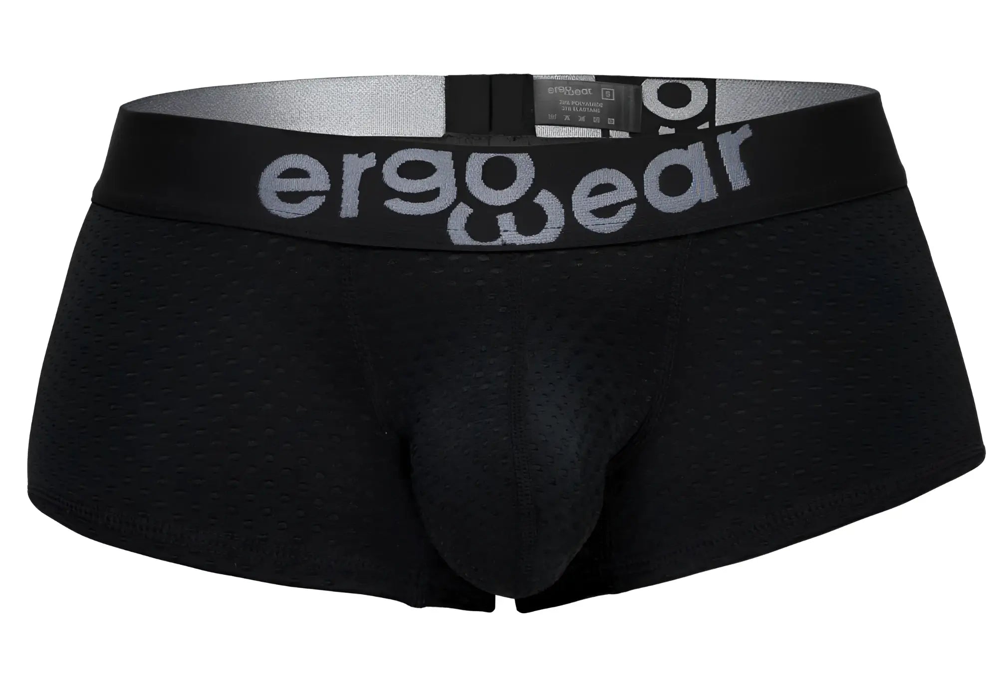 Black ergonomic ErgoWear EW1689 MAX FLOW trunks with textured mesh fabric and silver logo on the waistband