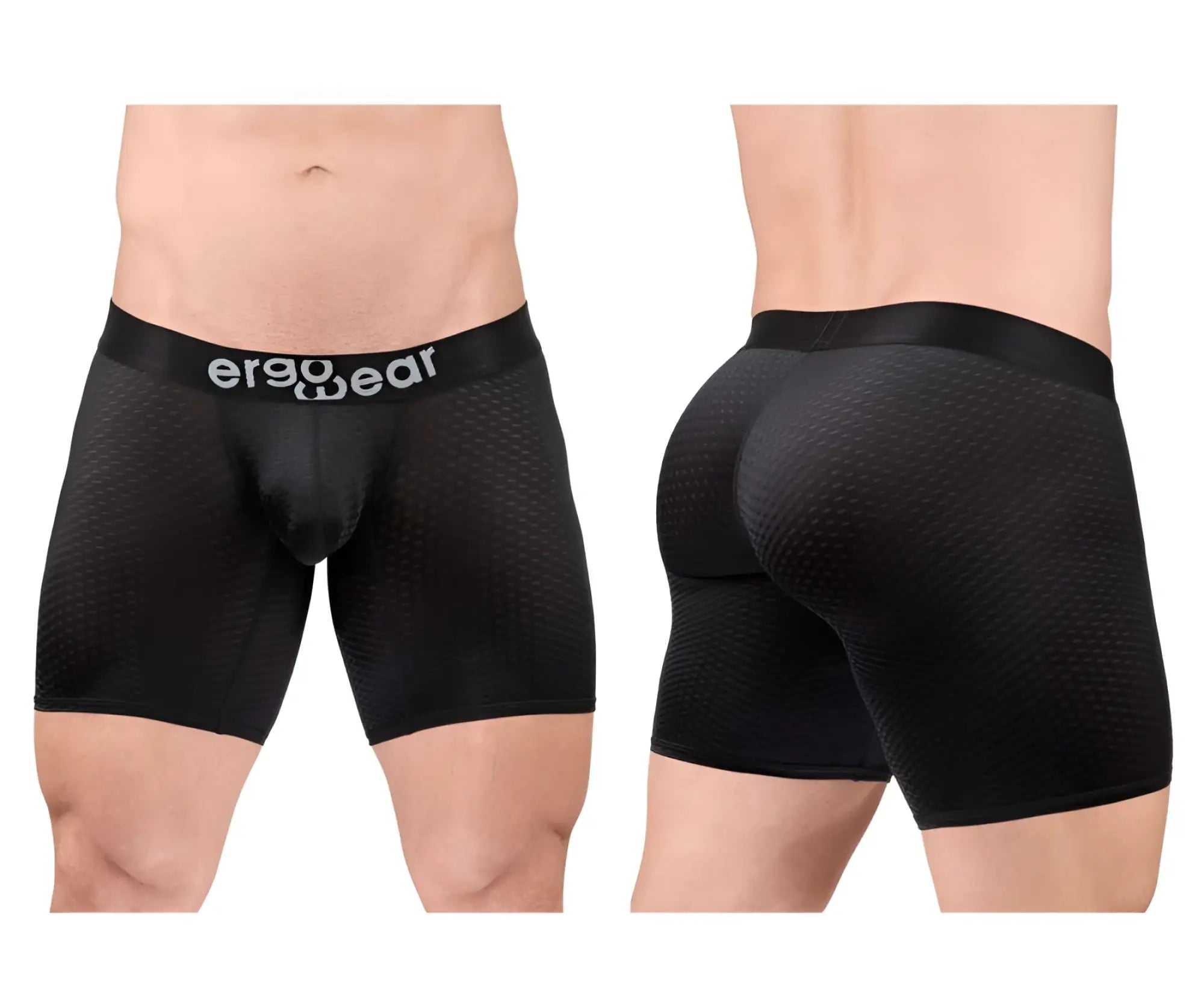 Black ergonomic boxer briefs with mesh texture and ergo wear waistband branding from ergowear ew1690 max flow model