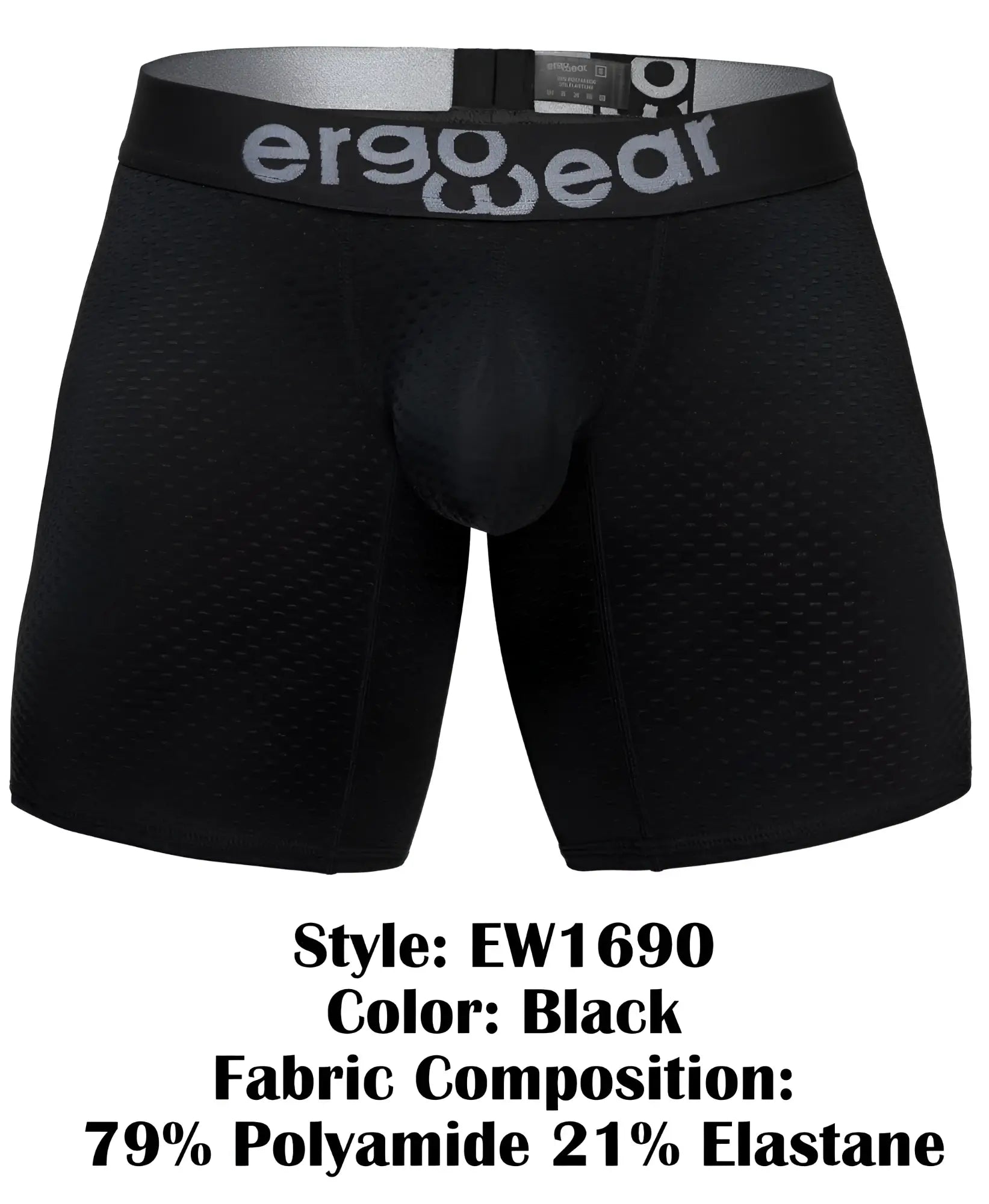 Black ergo wear ew1690 max flow boxer briefs with ergonomic fit and breathable mesh texture on waistband front