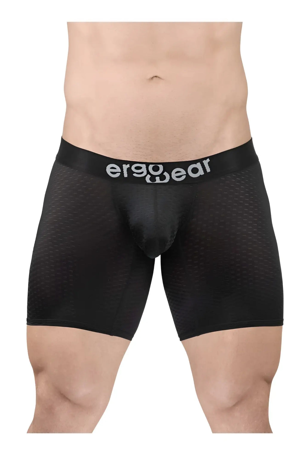 Black ergonomic boxer briefs with mesh texture and ergowear logo on waistband ew1690 max flow model