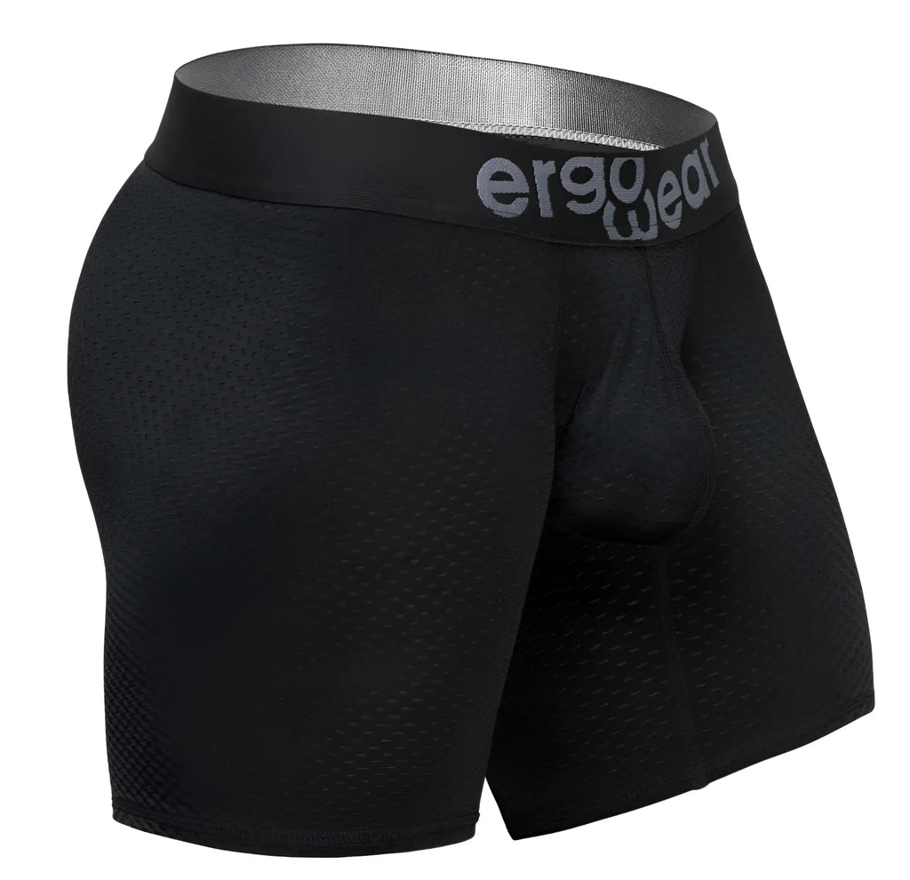 ErgoWear ew1690 max flow black ergonomic boxer briefs with perforated mesh fabric and gray logo waistband