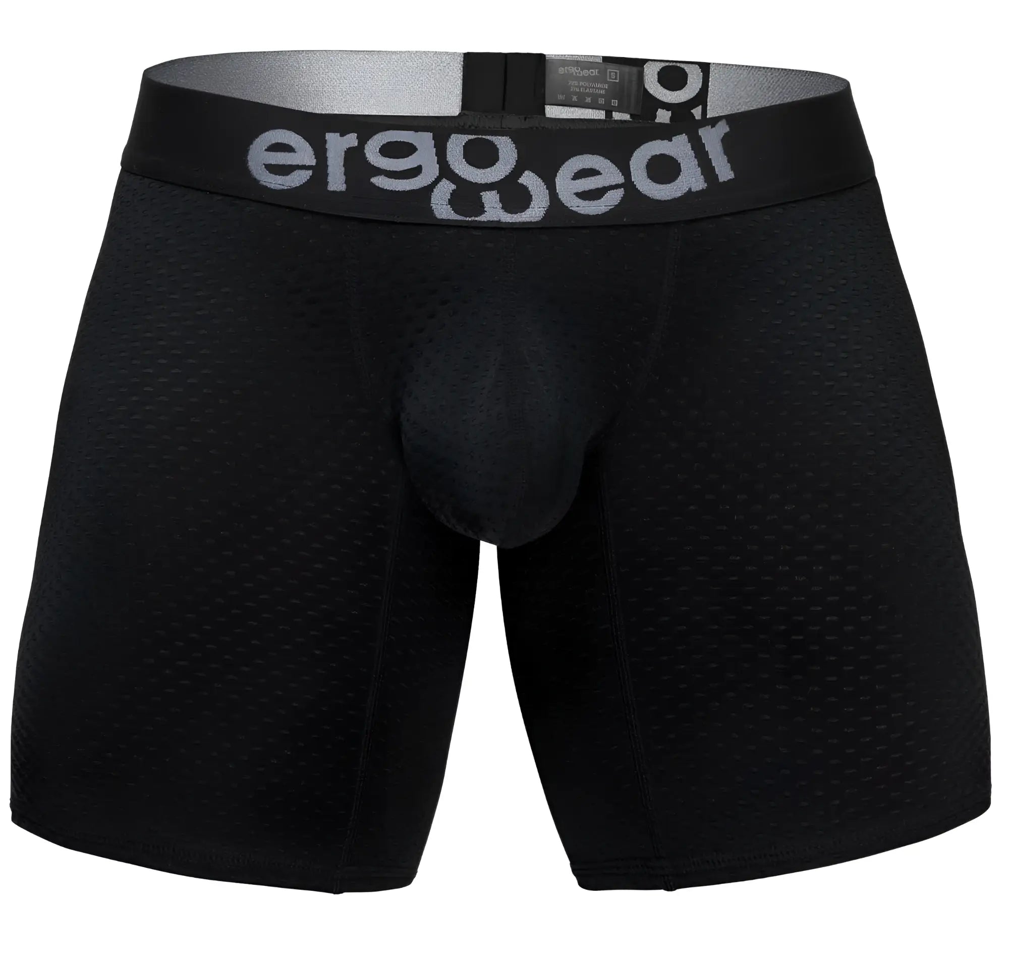 Black ergonomic boxer briefs with textured mesh fabric and gray ergowear branding on the waistband front view