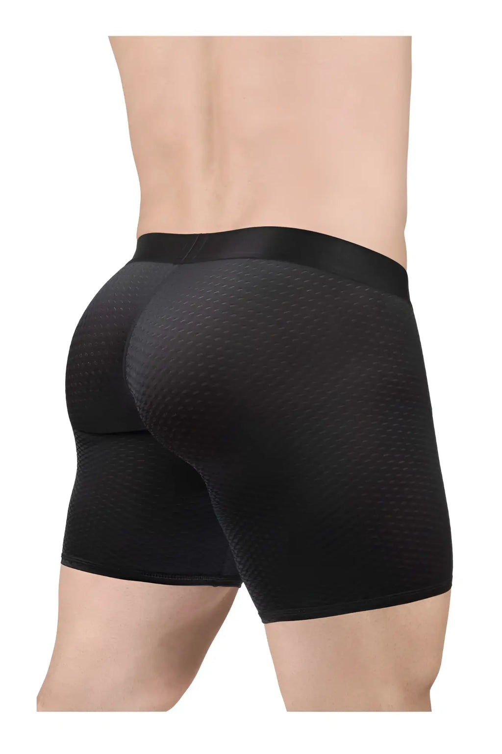 ErgoWear ew1690 max flow men’s black boxer briefs with black mesh texture and smooth satin waistband