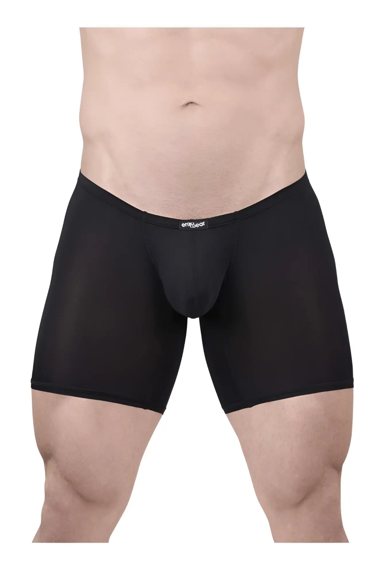 Black ErgoWear Ew1702 X4D boxer briefs with a snug fit and subtle logo on the waistband in front view