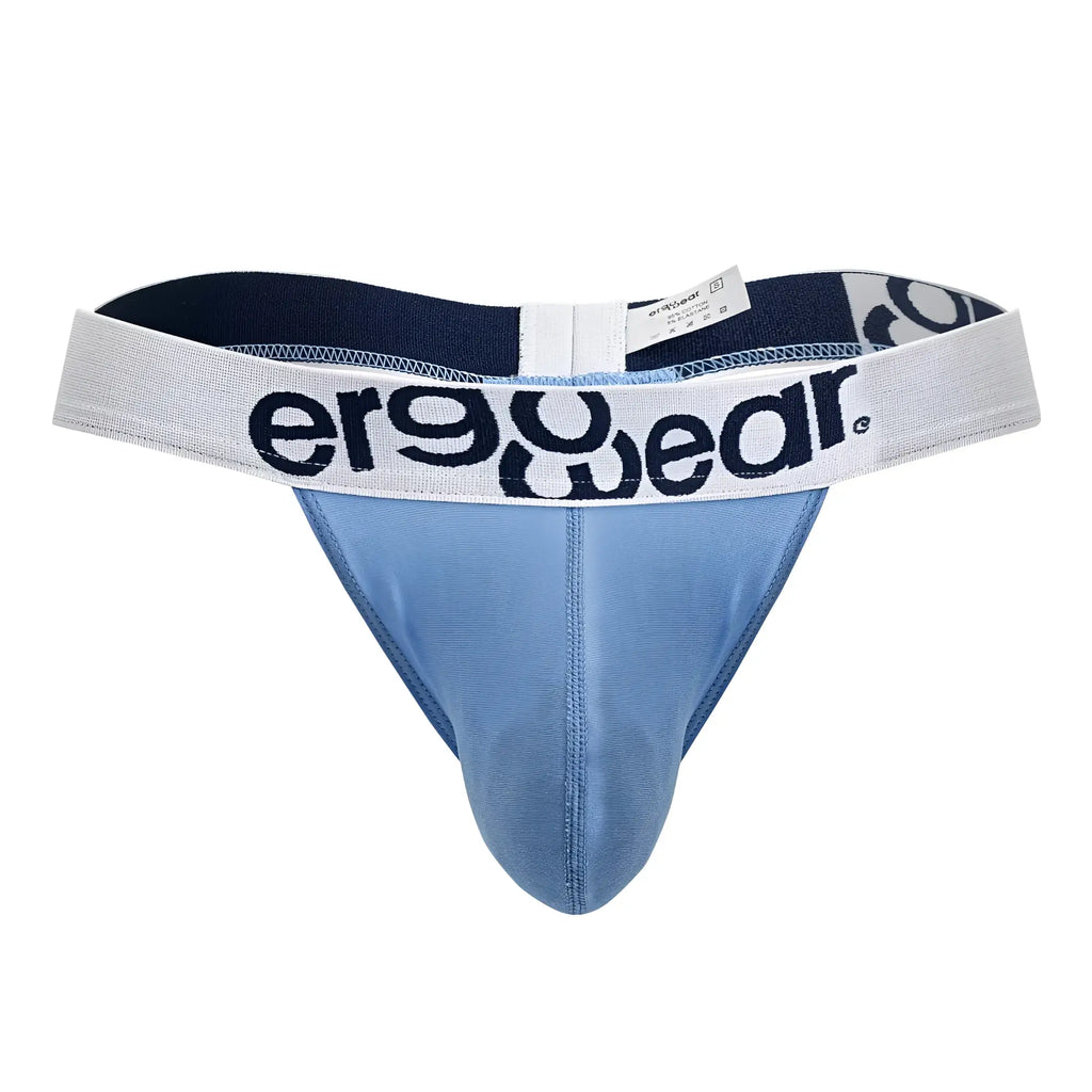 Light blue ergonomic cotton thong with white waistband and ergowear logo in black lettering front view