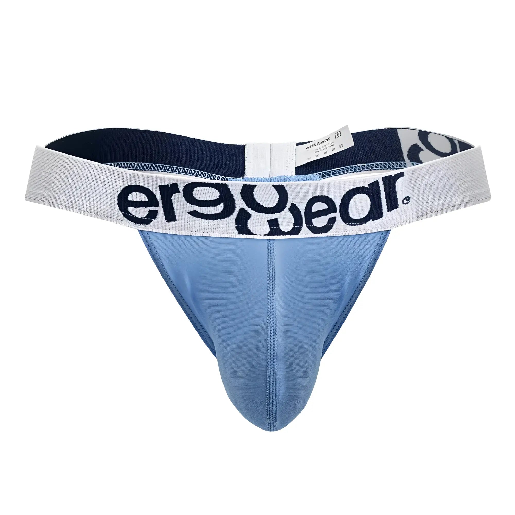 Light blue ergonomic cotton thong with white waistband and ergowear logo in black lettering front view