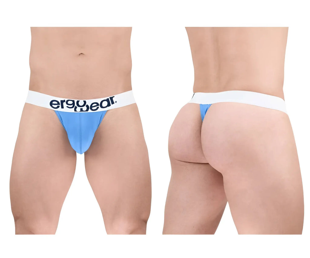 Light blue ergonomic cotton briefs with a white waistband featuring the ergo wear logo in black text front view