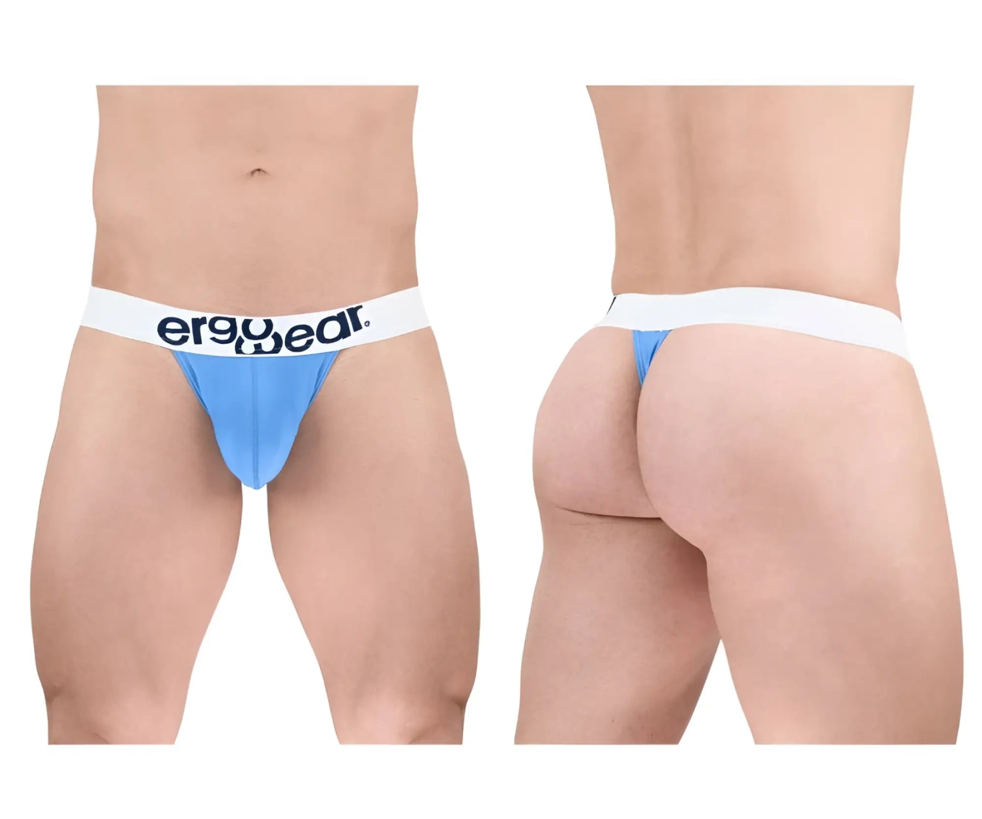 Light blue ergonomic cotton briefs with a white waistband featuring the ergo wear logo in black text front view