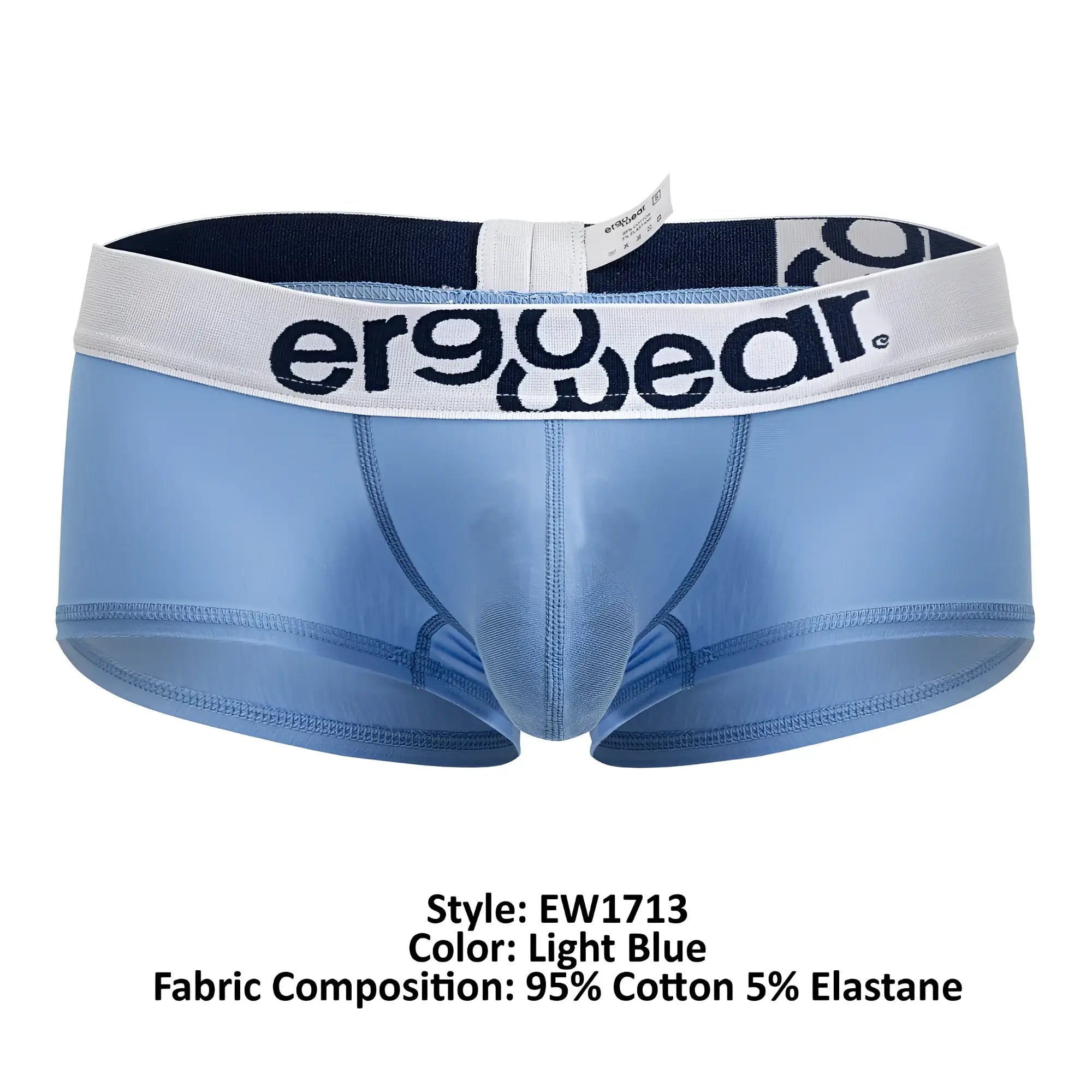 Light blue ergo wear ew1713 max cotton trunks with a white waistband and black logo lettering