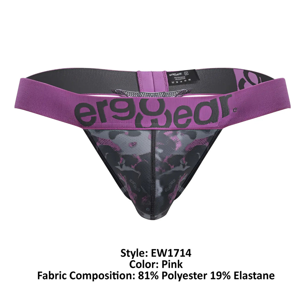 Purple and black patterned men’s thong with mesh design and ergowear logo on waistband in pink color