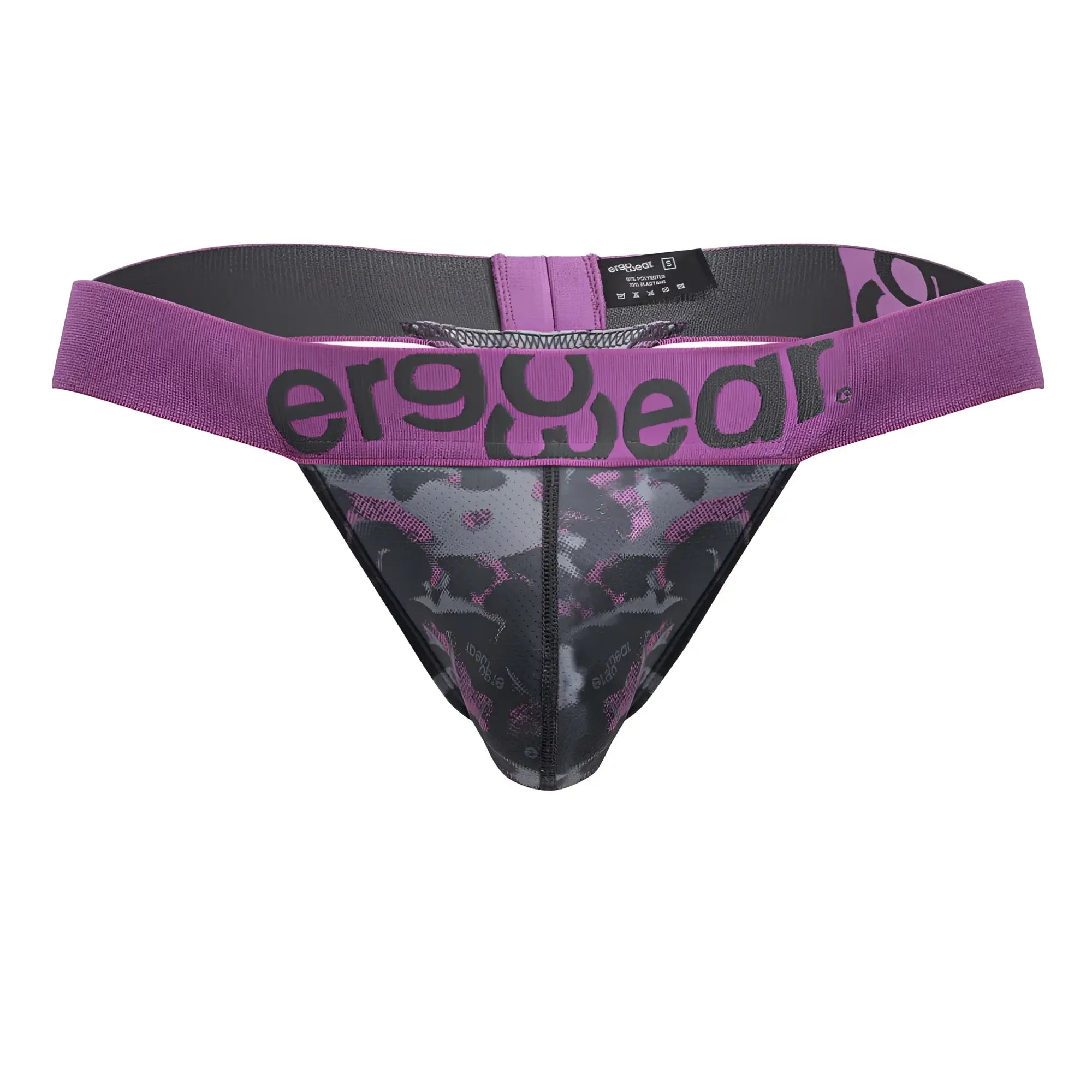 Purple and black patterned men’s thong with ergogear branded waistband in pink from ergowear ew1714 max se camo g-string