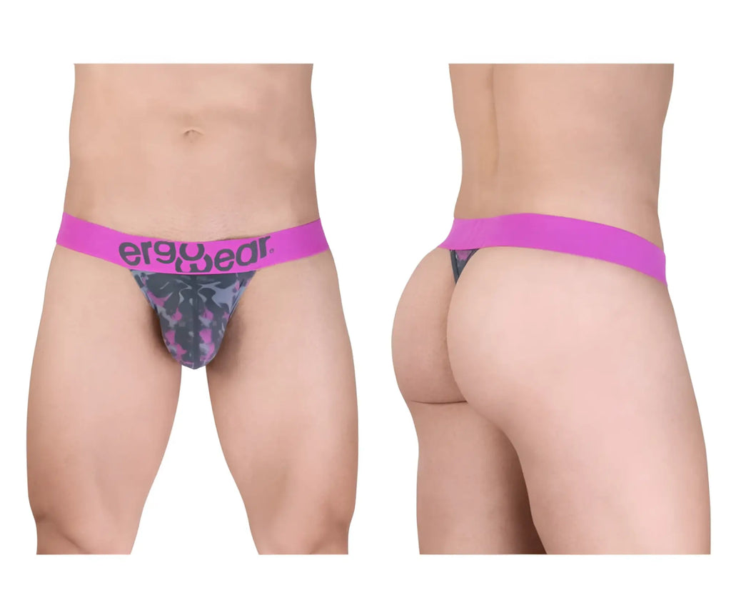 Men’s ergo wear ew1714 max se camo g-string in pink with a vibrant waistband and dark gray purple tropical leaf pattern