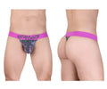 Men’s ergo wear ew1714 max se camo g-string in pink with a vibrant waistband and dark gray purple tropical leaf pattern