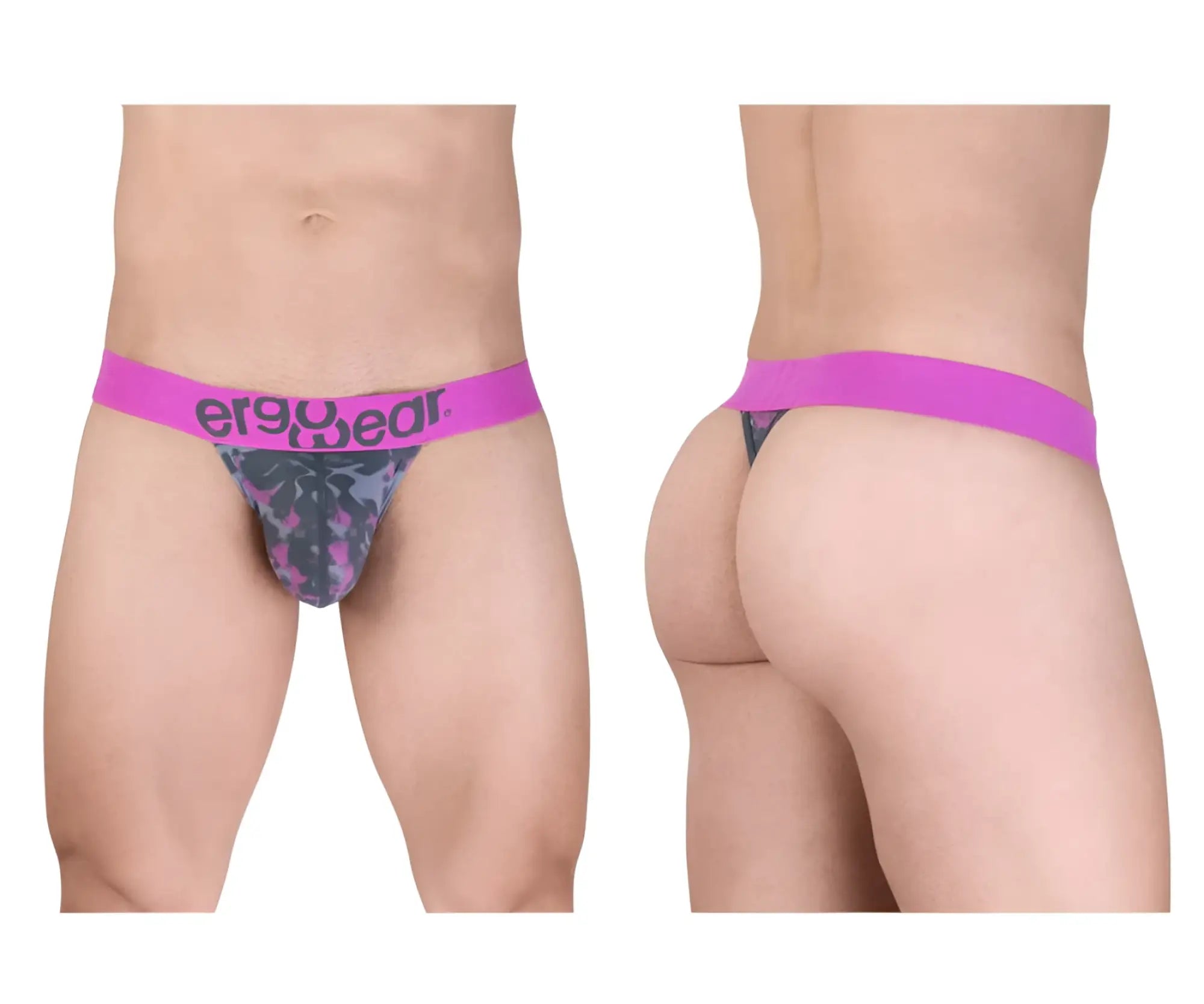 Men’s ergo wear ew1714 max se camo g-string in pink with a vibrant waistband and dark gray purple tropical leaf pattern