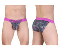 Men’s ergo wear ew1715 max se camo bikini brief with vibrant pink waistband and gray magenta camouflage pattern
