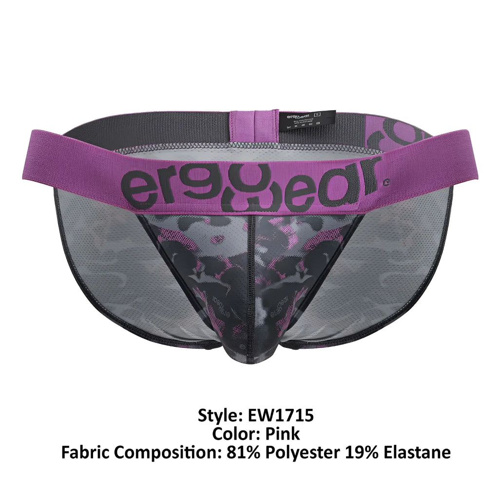 Pink mesh briefs with a purple ergowear logo waistband and black skull patterns from ergoWear ew1715 max se camo bikini color pink