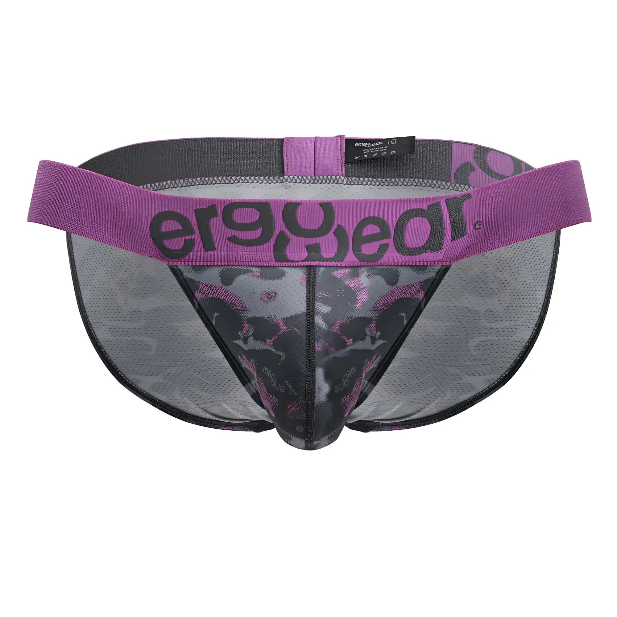 Purple and black patterned mesh briefs bikini with branded waistband in pink by ergowear ew1715 max se camo