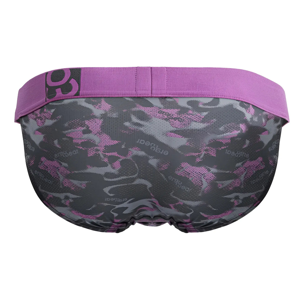 Purple and gray camouflage patterned men’s briefs with solid purple waistband from ergowear ew1715 max se camo bikini pink