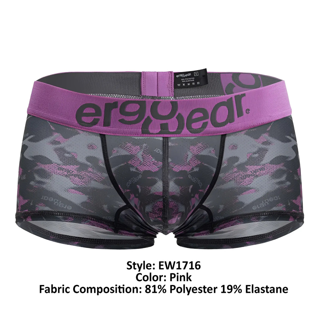 Pink camouflage men’s briefs with purple waistband black trim featuring the ergowear logo in ErgoWear EW1716 MAX SE CAMO trunks